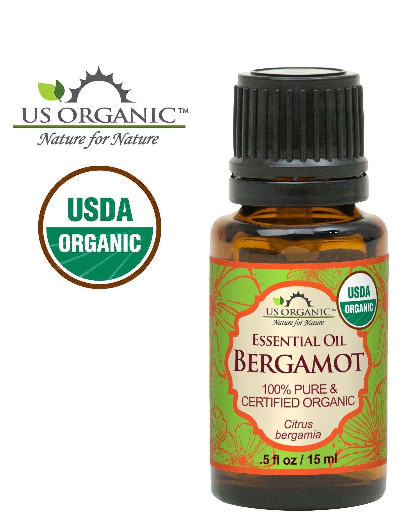 US Organic 100% Pure Bergamot Essential Oil – USDA Organic, Cold-Pressed, 15 ml with Euro Droppers