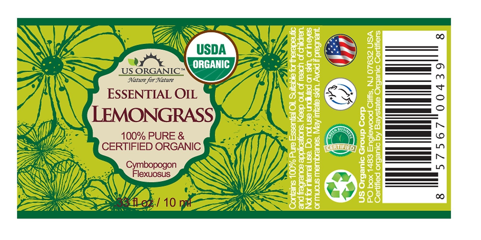 US Organic 100% Pure Lemongrass Essential Oil – USDA Organic, Steam Distilled, 10ml (Pack of 2)