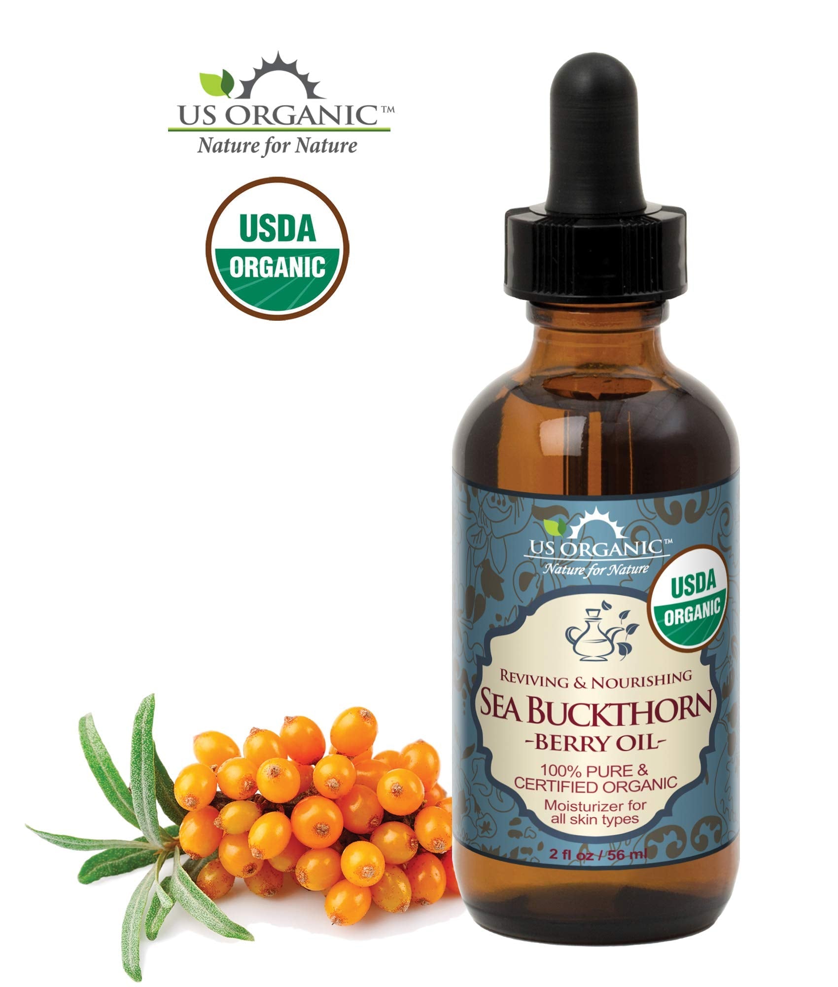 US Organic Sea Buckthorn Berry Oil – 100% Pure, USDA Organic, CO2 Extracted, 2 oz