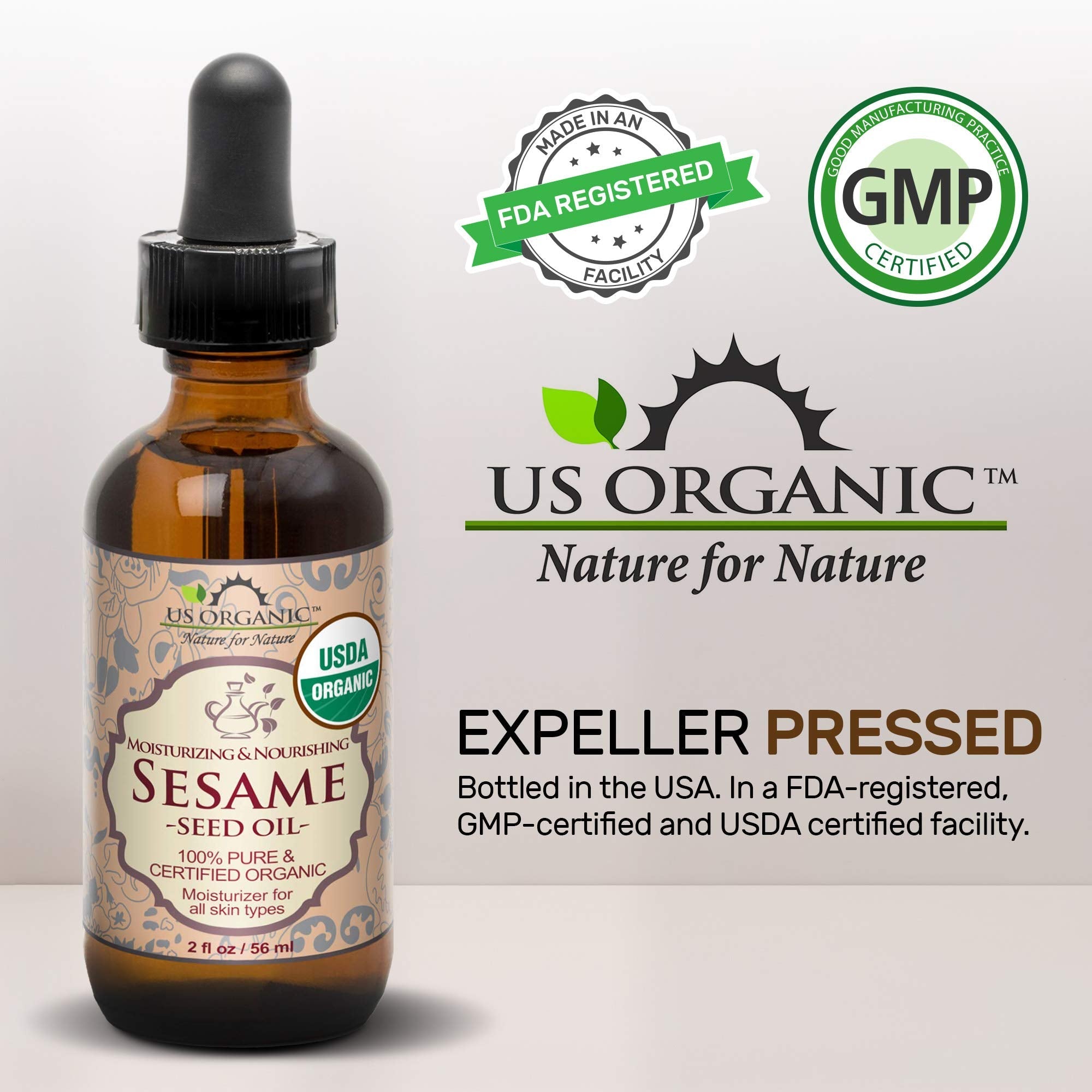 US Organic Sesame Seed Oil – USDA Organic, Untoasted, Unrefined Virgin, Cold-Pressed (4 oz) Amber Bottle with Dropper