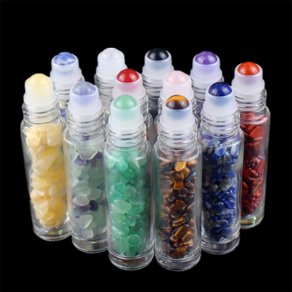 USRommaner 5 Pack 10ml Clear Roll-On Bottles with Amethyst Chakra Stones | Glass Roller Bottle Set