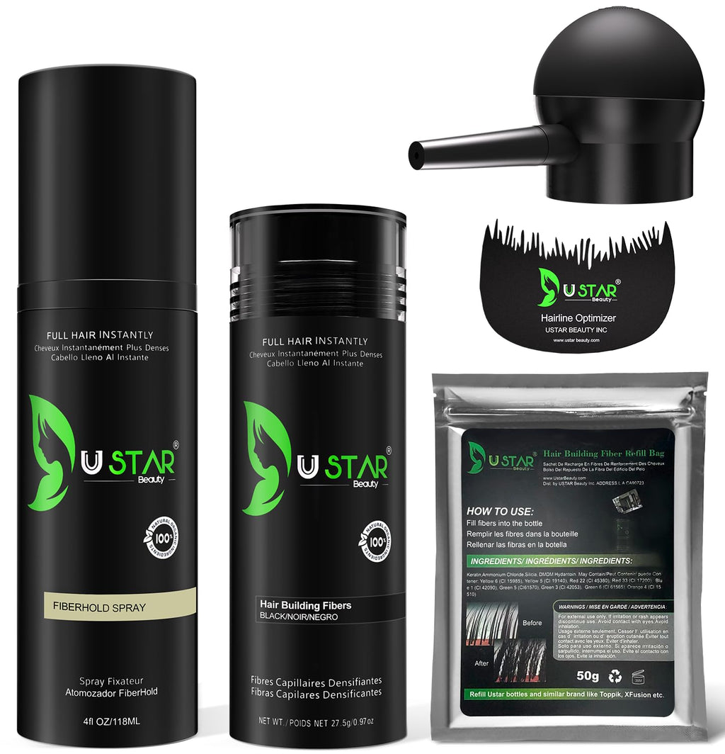 USTAR Hair Building Fibers 77.5g | 5-in-1 Set with Holding Spray (Black) – Instant Fuller Look