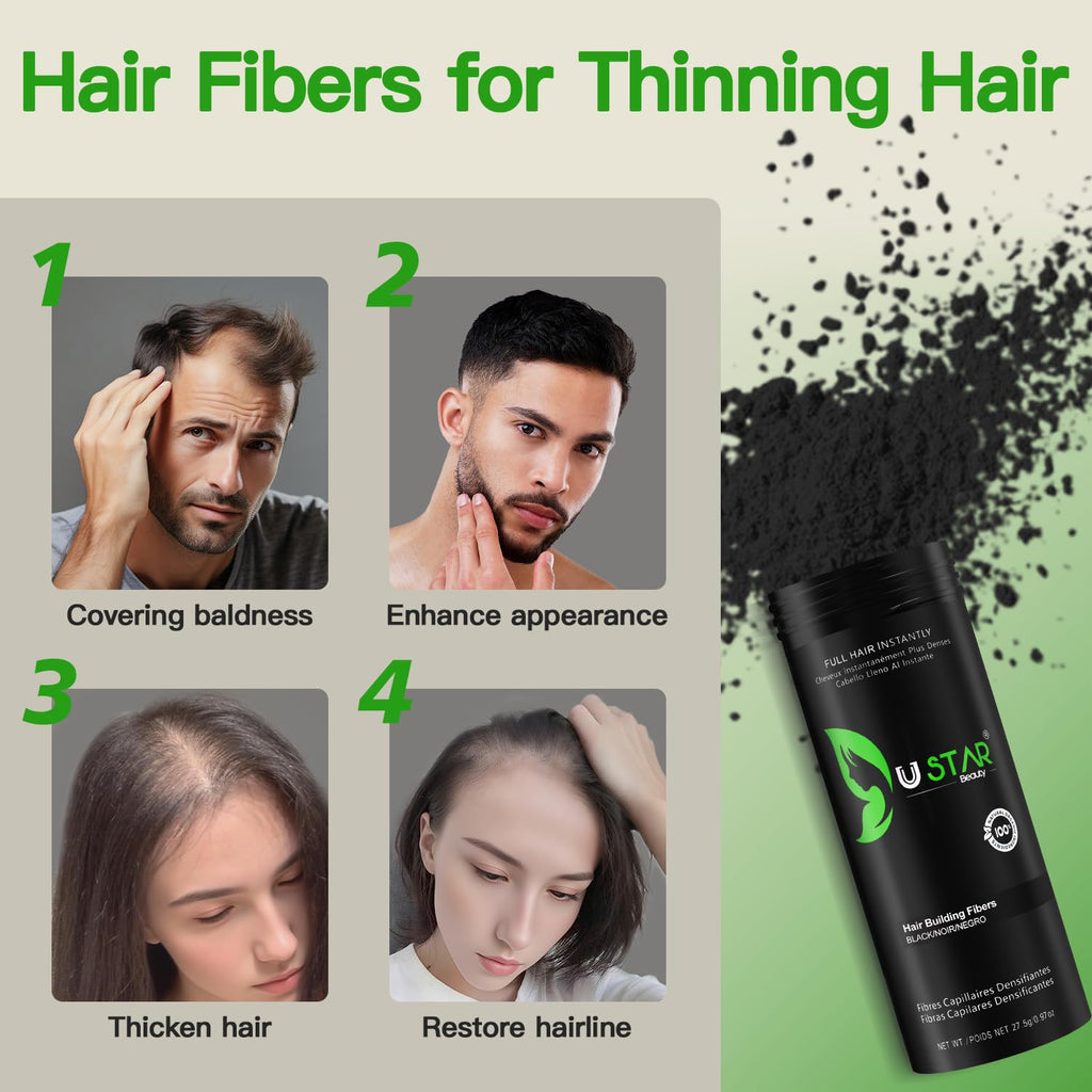 USTAR Hair Building Fibers 77.5g | 5-in-1 Set with Holding Spray (Black) – Instant Fuller Look