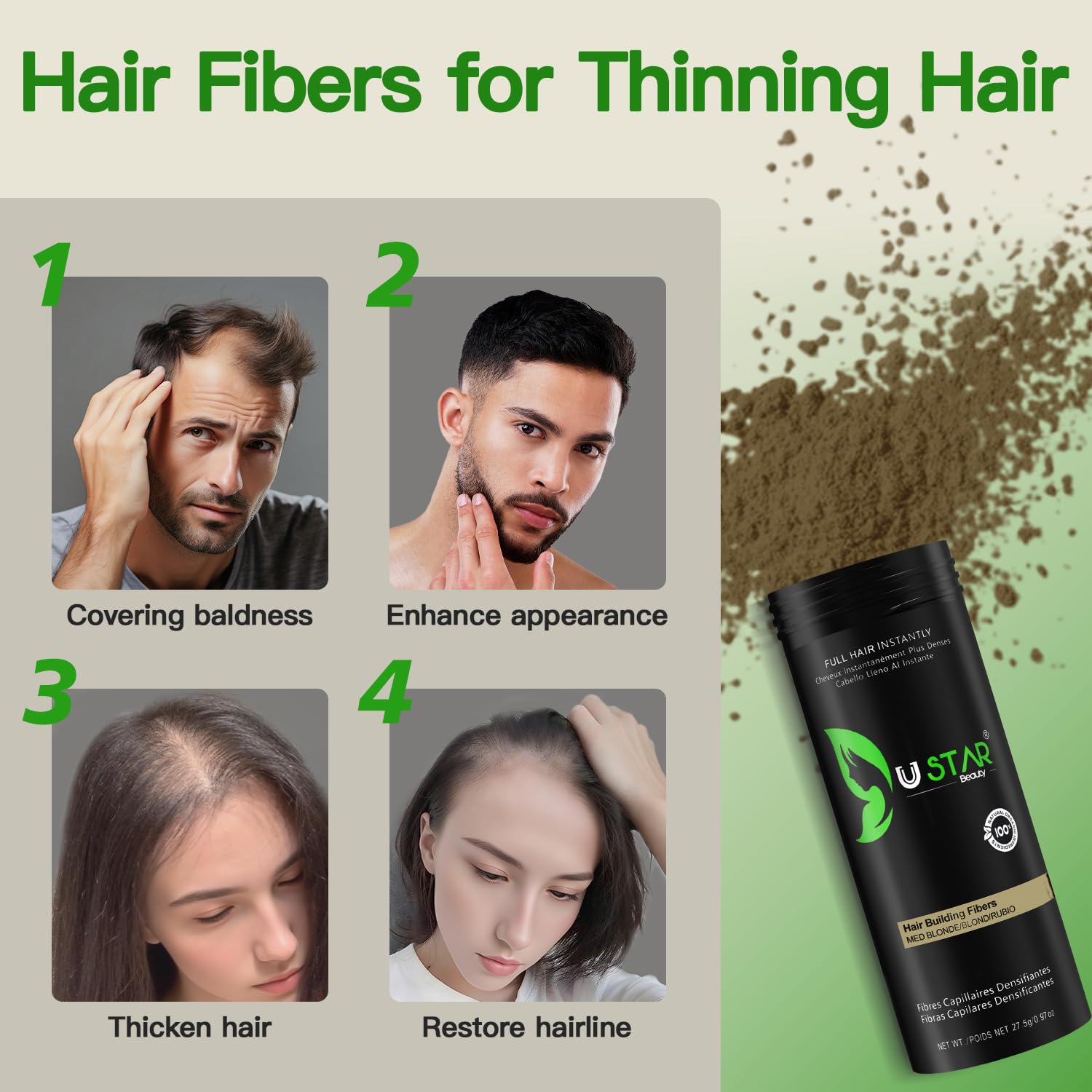 USTAR Hair Building Fibers 77.5g | 5-in-1 Hair Fibers Set for Thinning Hair - Medium Blonde