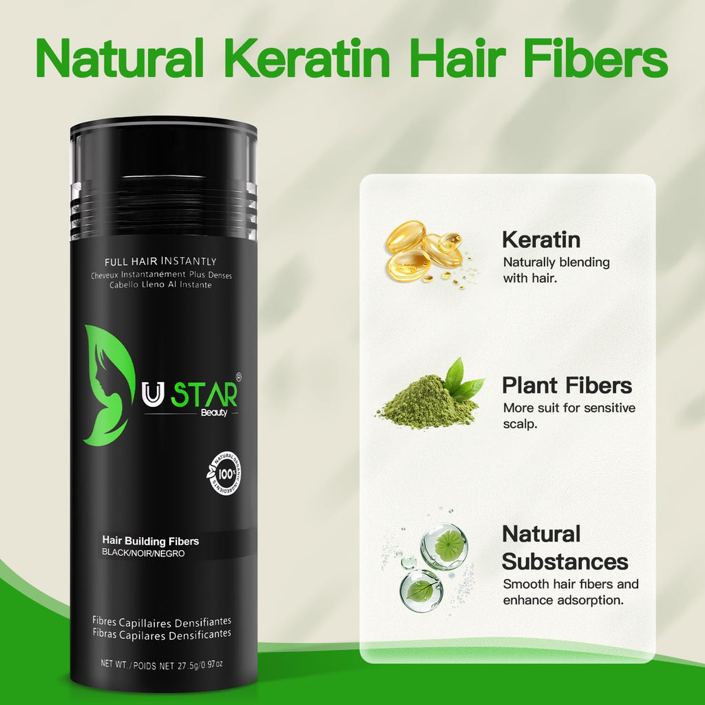 USTAR Hair Building Fibers 77.5g | 5-in-1 Set with Holding Spray (Black) – Instant Fuller Look