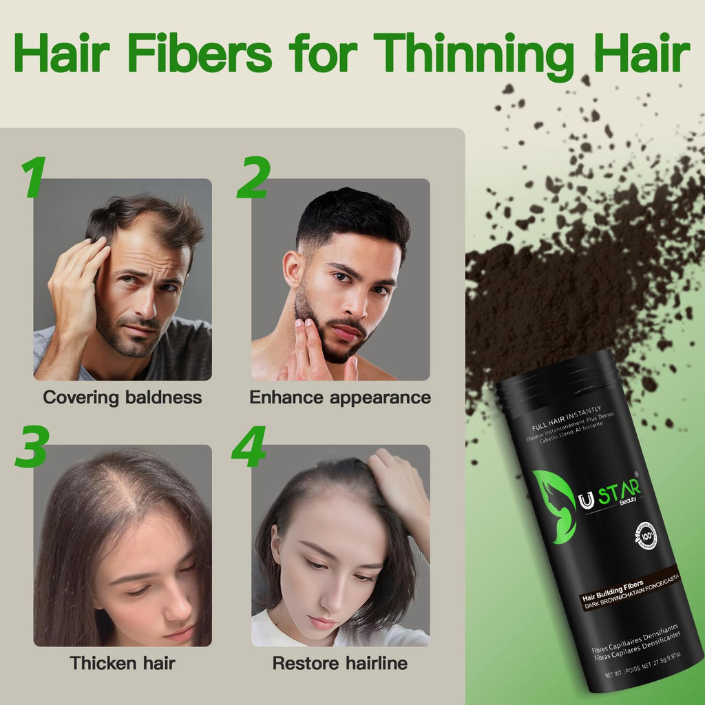 USTAR Hair Fibers 27.5g – Instant Fuller Look with Fiberhold Spray (Dark Brown)