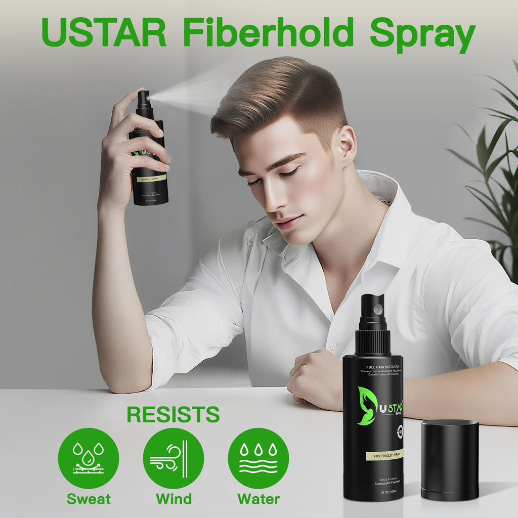 USTAR Hair Building Fibers 77.5g | 5-in-1 Set with Holding Spray (Black) – Instant Fuller Look