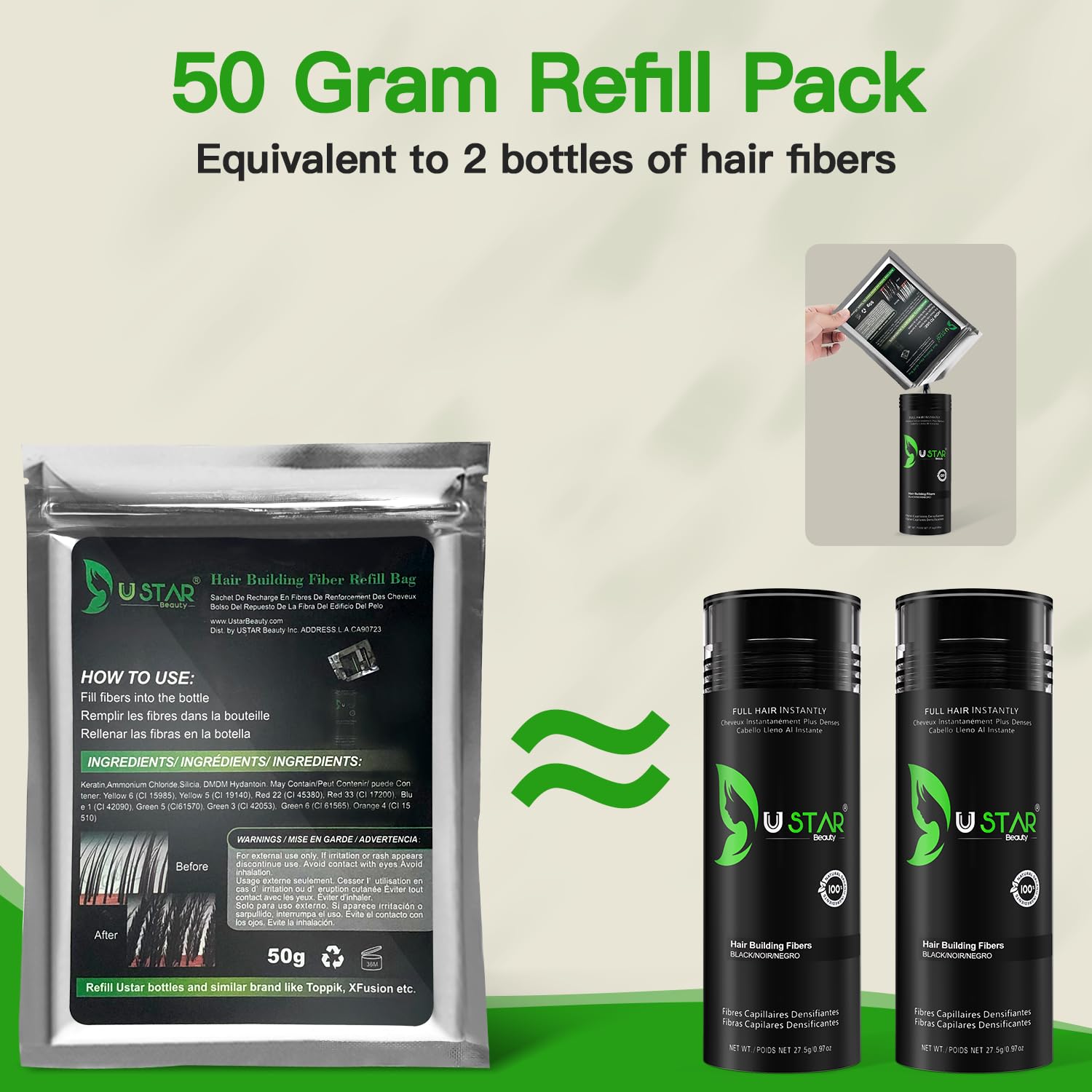 USTAR Hair Building Fibers 77.5g | 5-in-1 Set with Holding Spray (Black) – Instant Fuller Look