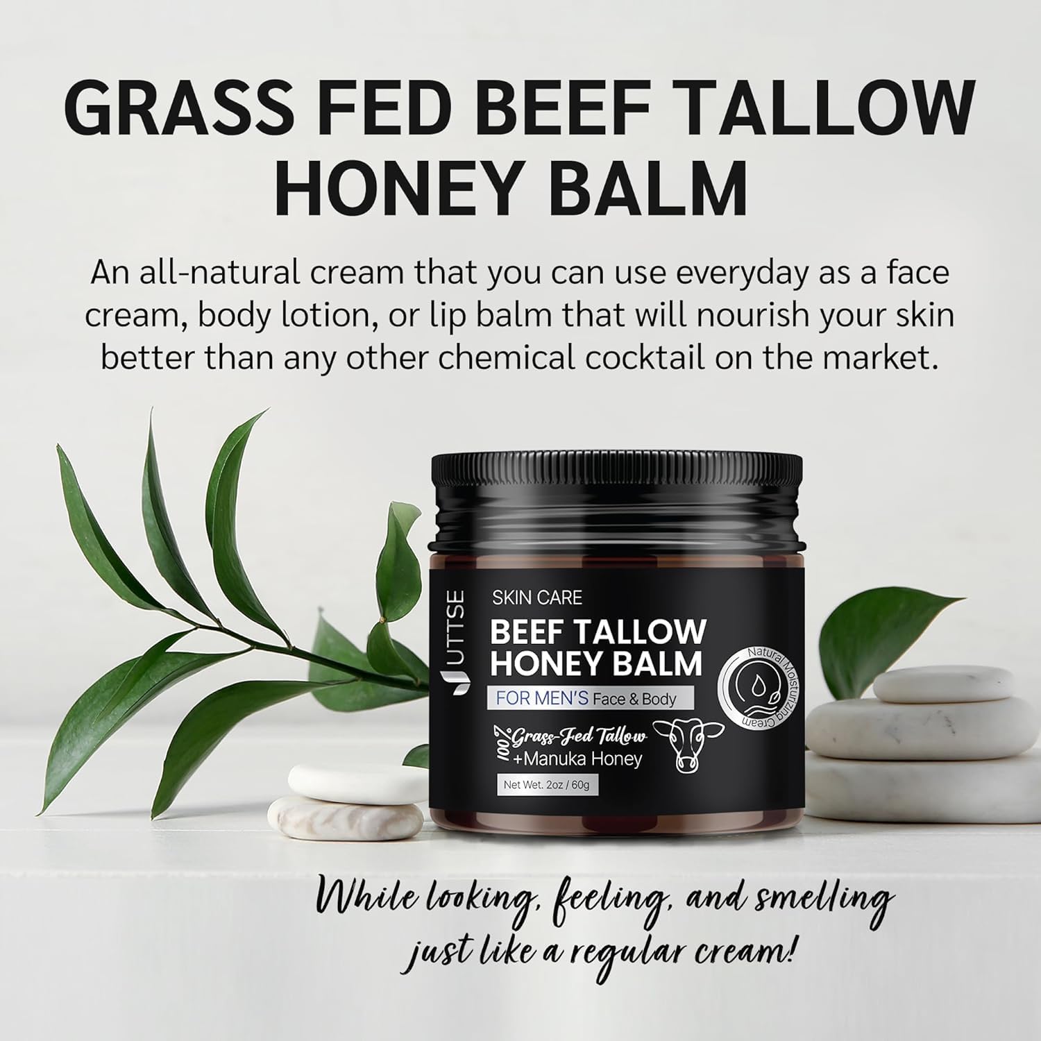 Uttse Men's Beef Tallow Balm — 2 oz Face Moisturizer with Honey & Olive Oil