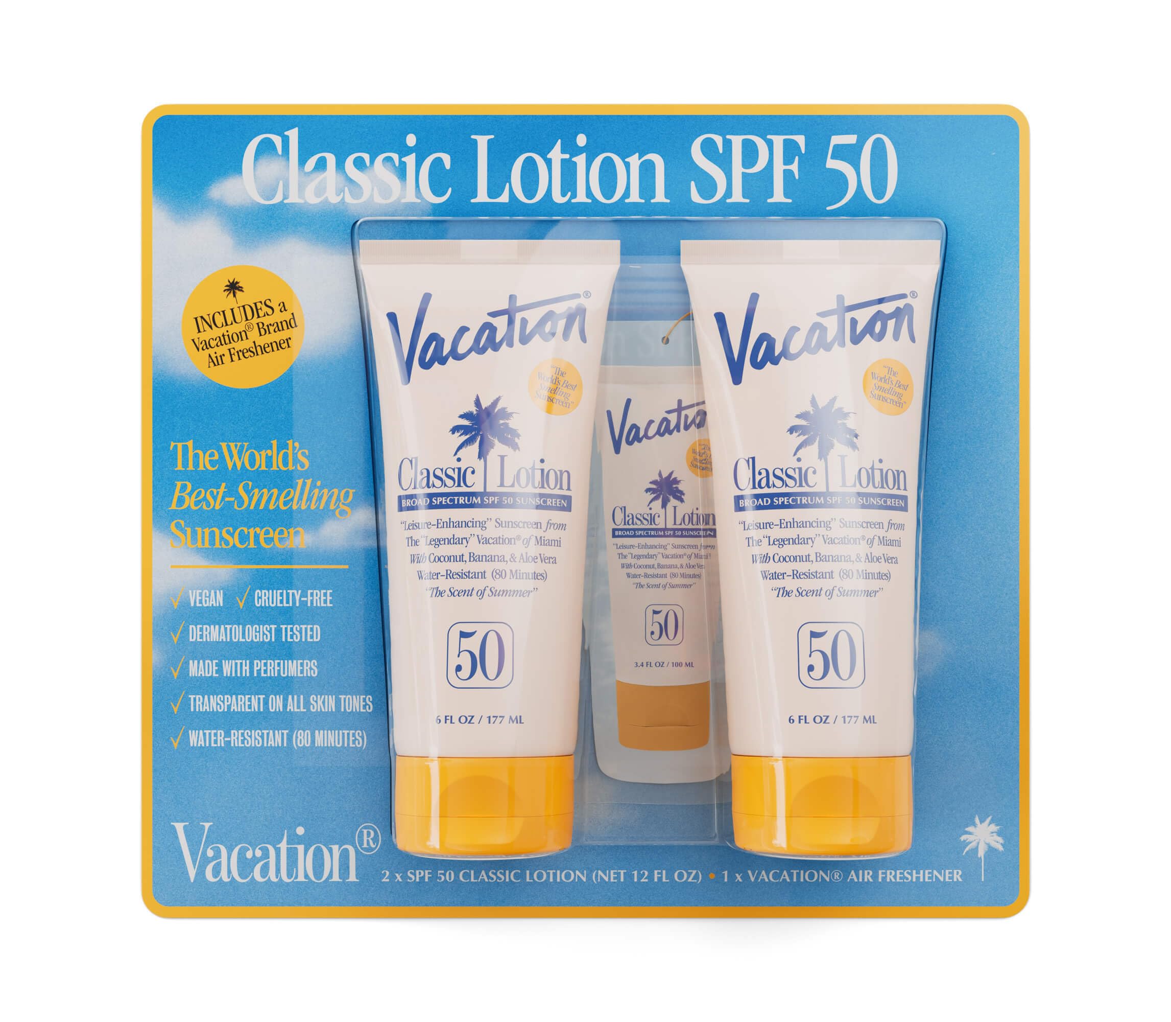 VACATION Classic Lotion SPF 50 – Pack of 2 with Air Freshener