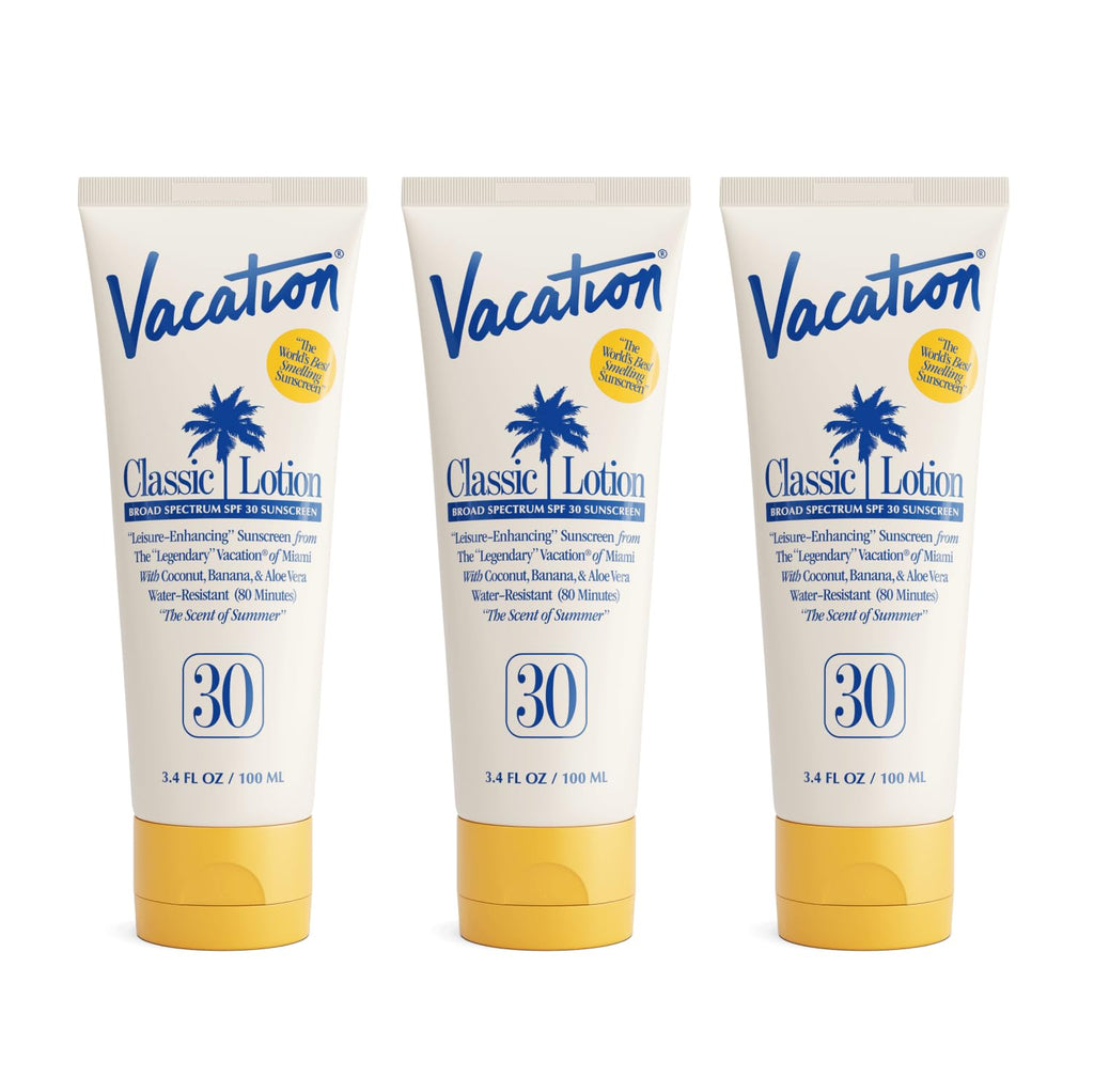 Vacation Classic Sunscreen Lotion SPF 30 — Water-Resistant, Invisible Finish, Travel Size (Value Pack of 3)