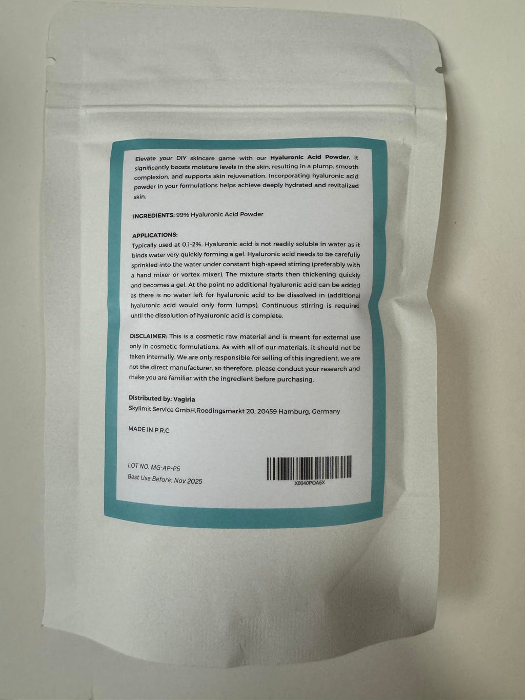 Vagiria Hyaluronic Acid Powder – 99% Purity for DIY Skincare, Ultimate Moisturizer & Post-Peel Care