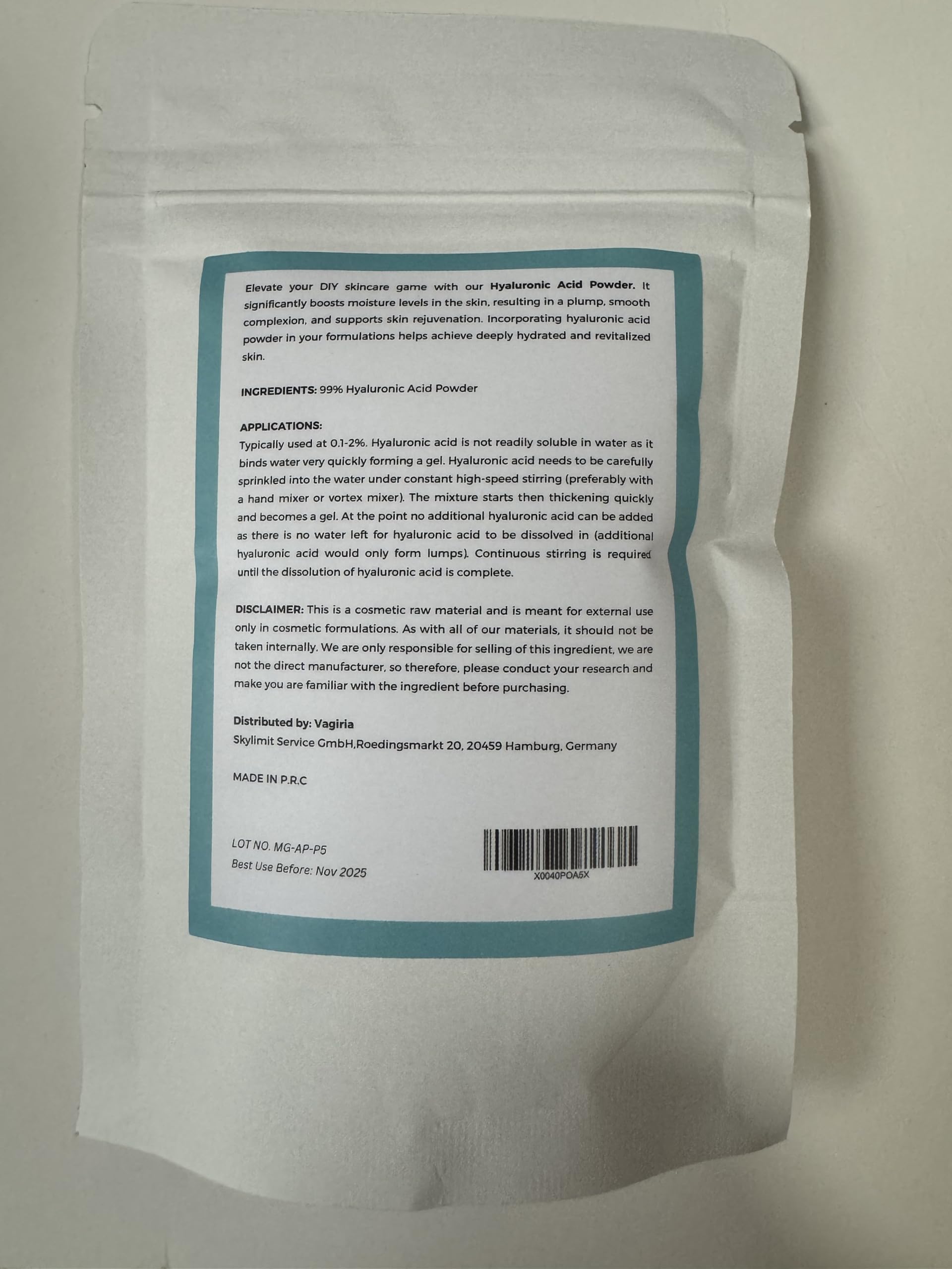 Vagiria Hyaluronic Acid Powder – 99% Purity for DIY Skincare, Ultimate Moisturizer & Post-Peel Care