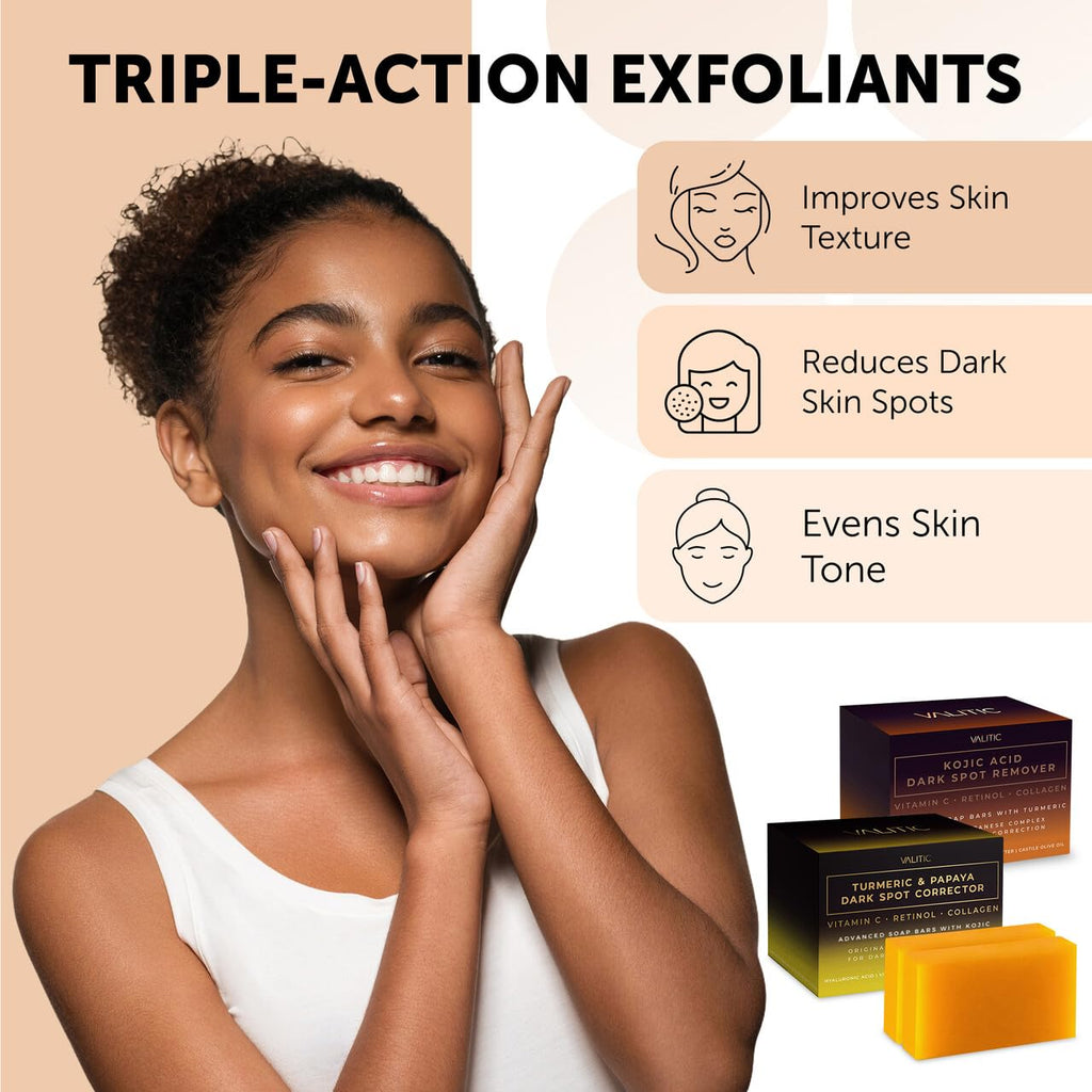 VALITIC Papaya & Turmeric Kojic Acid Soap Bundle – Dark Spot Corrector with Vitamin C, Hyaluronic Acid, Collagen – Papaya 2 Pack & Kojic 2 Pack