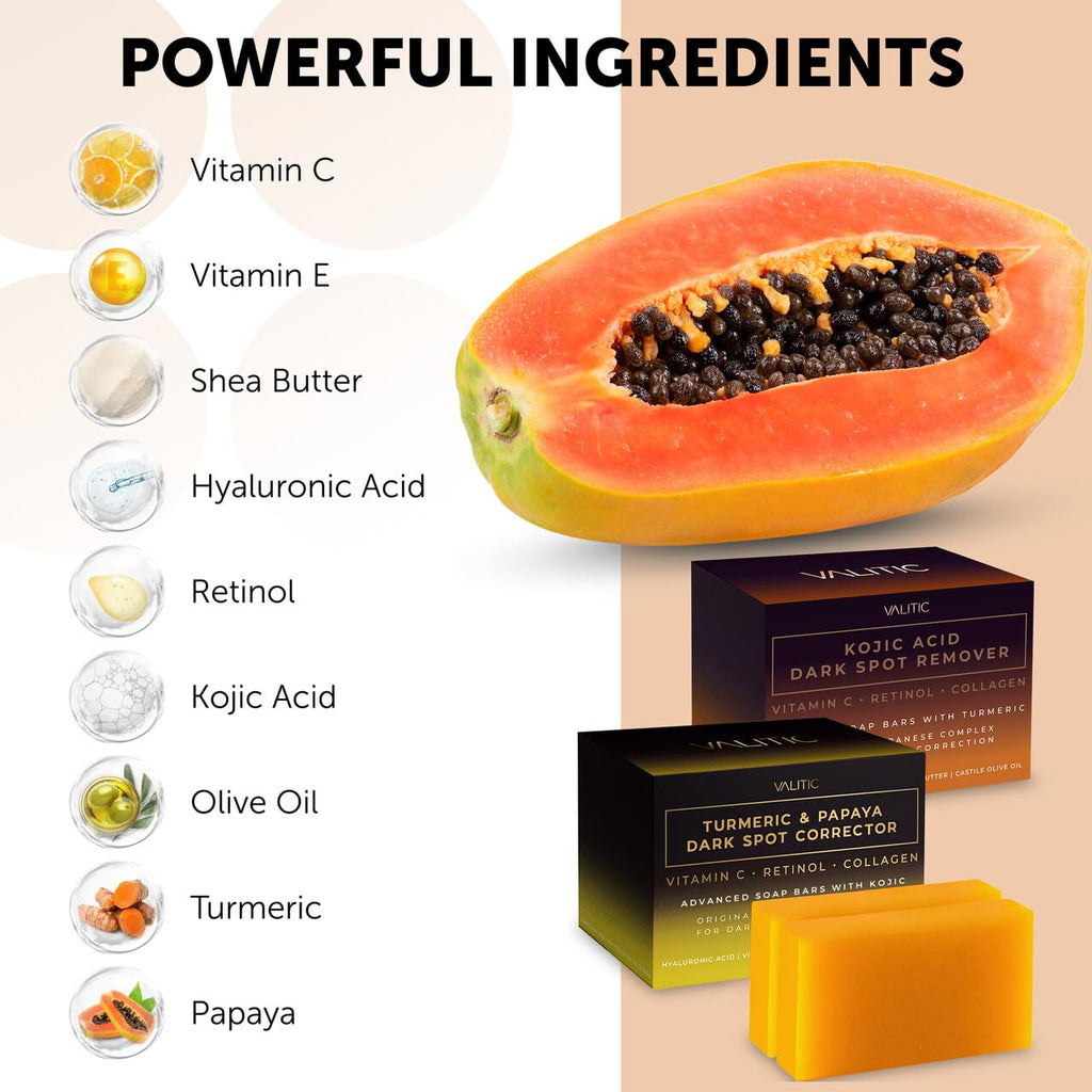 VALITIC Papaya & Turmeric Kojic Acid Soap Bundle – Dark Spot Corrector with Vitamin C, Hyaluronic Acid, Collagen – Papaya 2 Pack & Kojic 2 Pack
