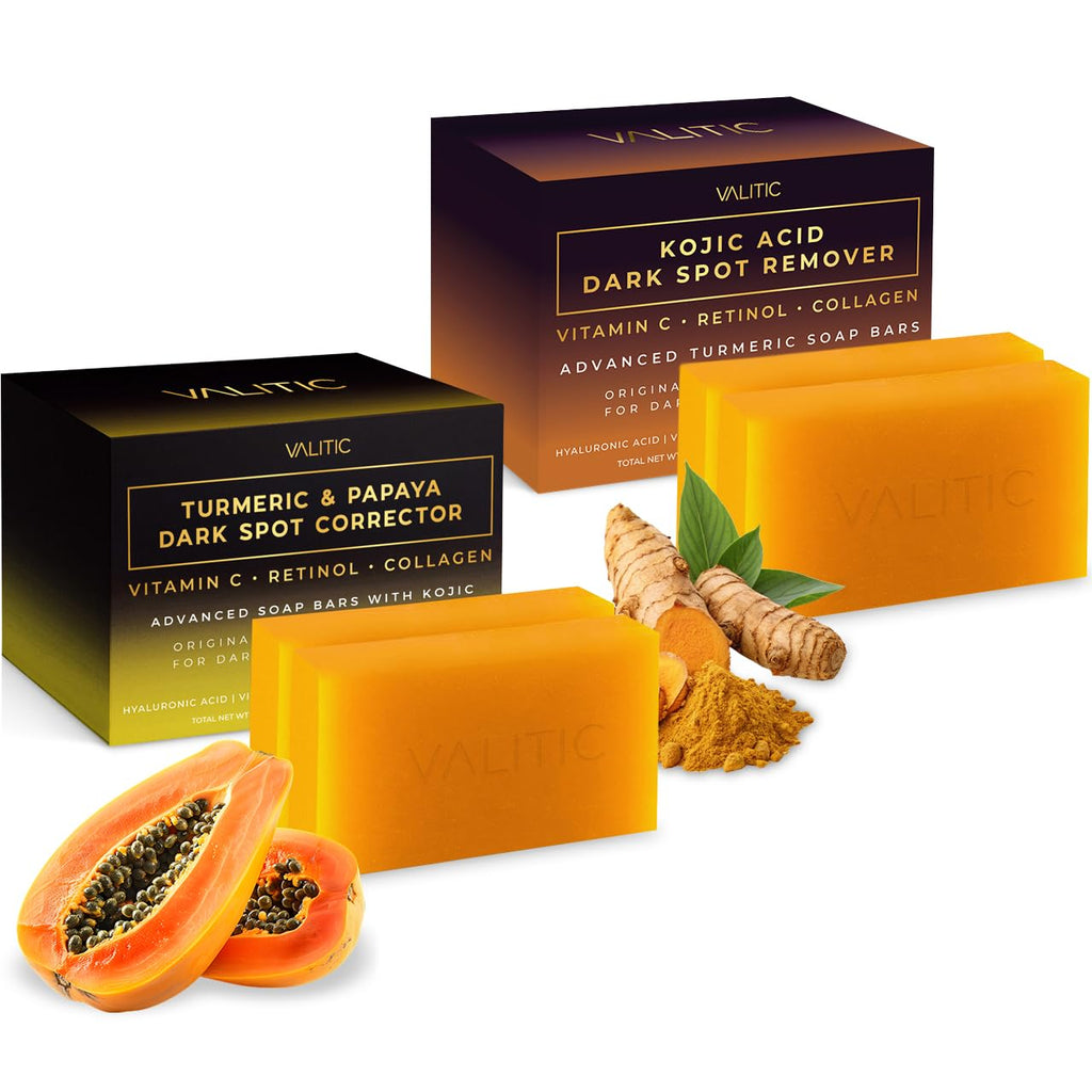 VALITIC Papaya & Turmeric Kojic Acid Soap Bundle – Dark Spot Corrector with Vitamin C, Hyaluronic Acid, Collagen – Papaya 2 Pack & Kojic 2 Pack