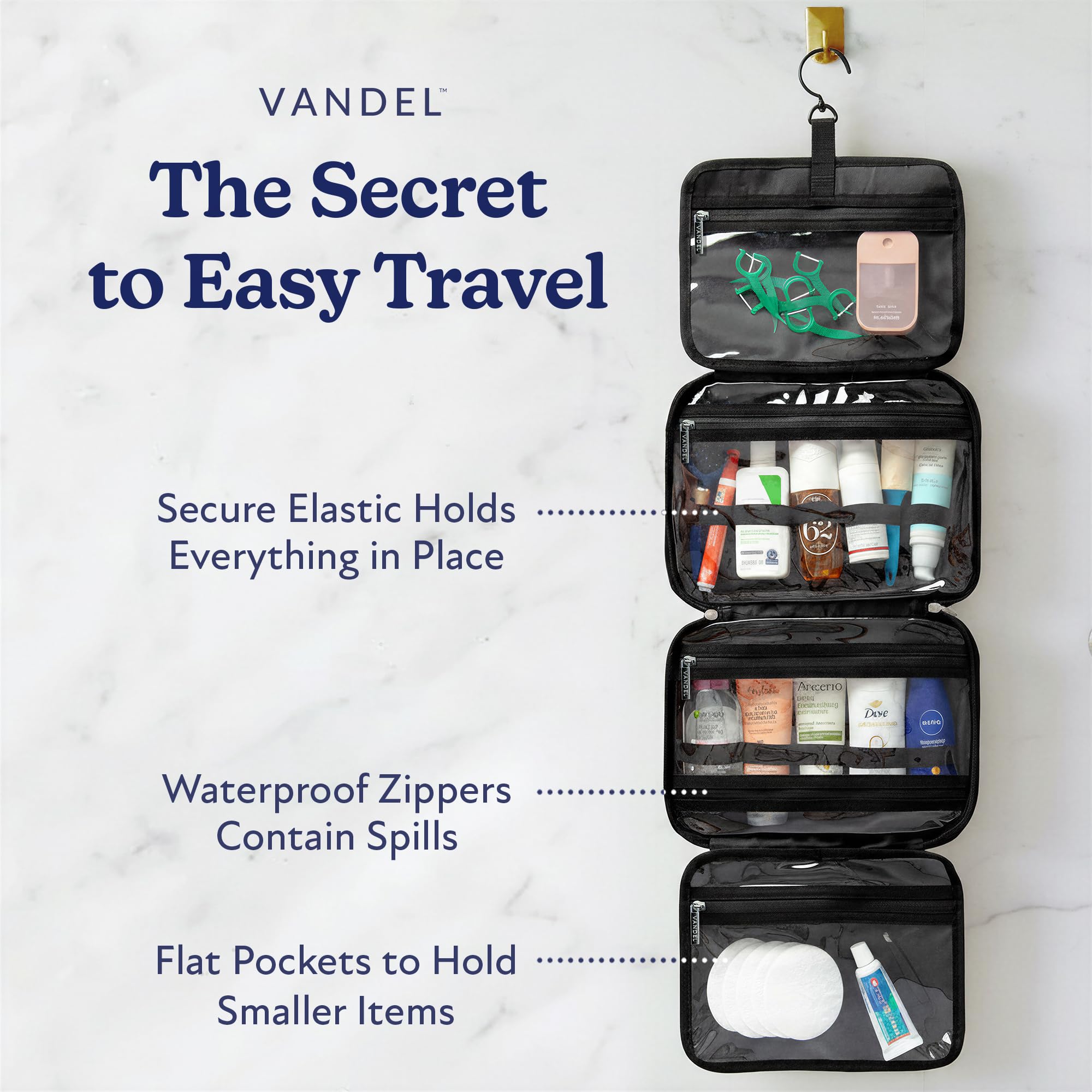 VANDEL Waterproof Hanging Toiletry Bag for Travelling - 360° Hook, Leakproof, Makeup Organizer | Black