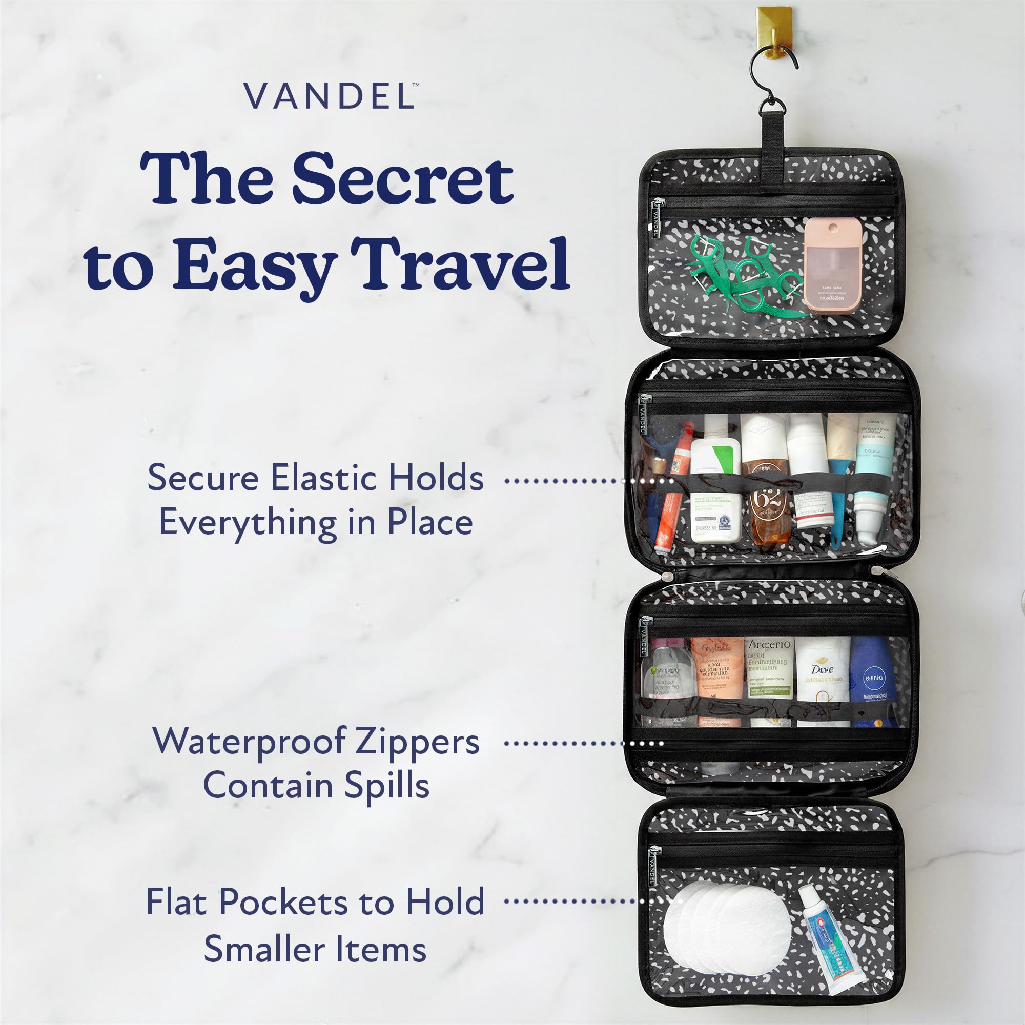 VANDEL Waterproof Hanging Toiletry Bag – Travel Makeup Organizer, White Leopard