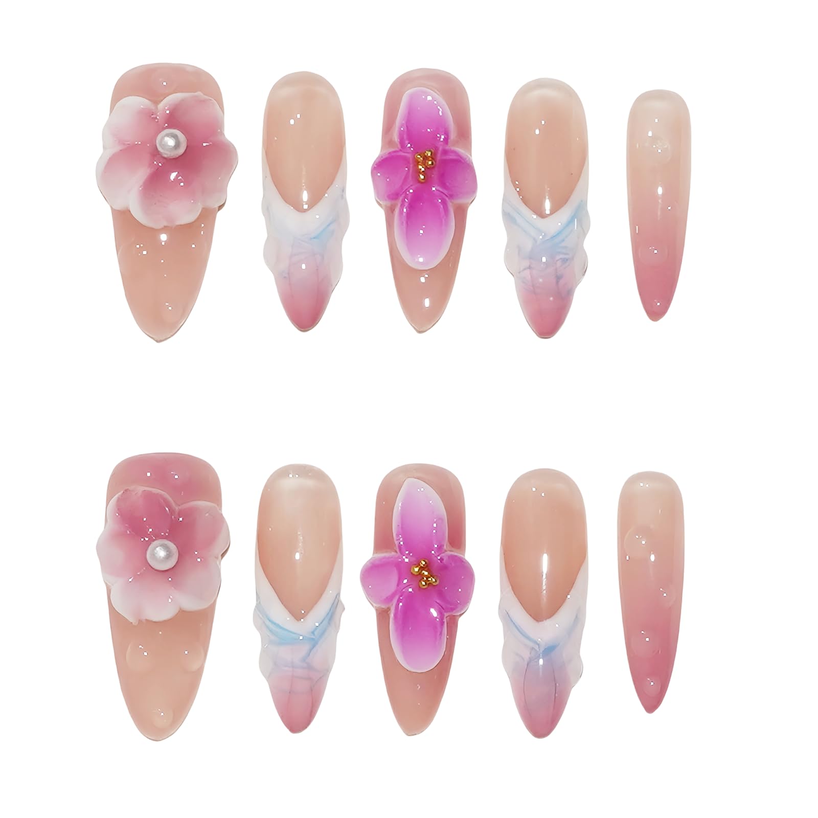 Vanesseva 10pcs Handmade Press On Nails – Medium Almond, 3D Flowers, Chrome Shells, Reusable, Y2K Tropical