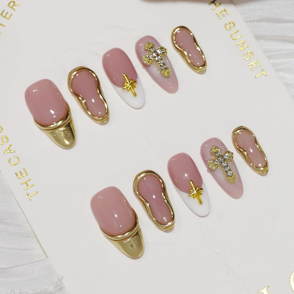 Vanesseva 10pc Handmade Press On Nails – Medium Almond, 3D Flowers & Chrome Shell