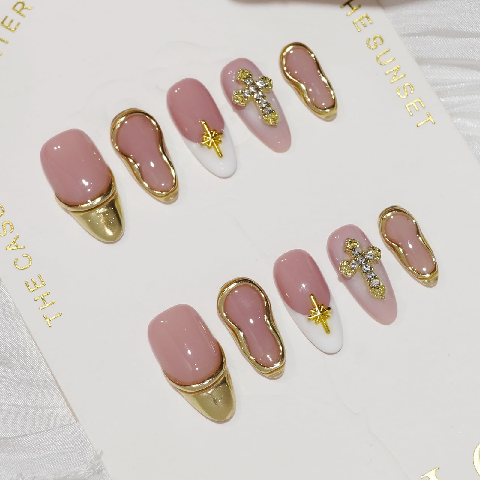 Vanesseva 10pc Handmade Press On Nails – Medium Almond, 3D Flowers & Chrome Shell