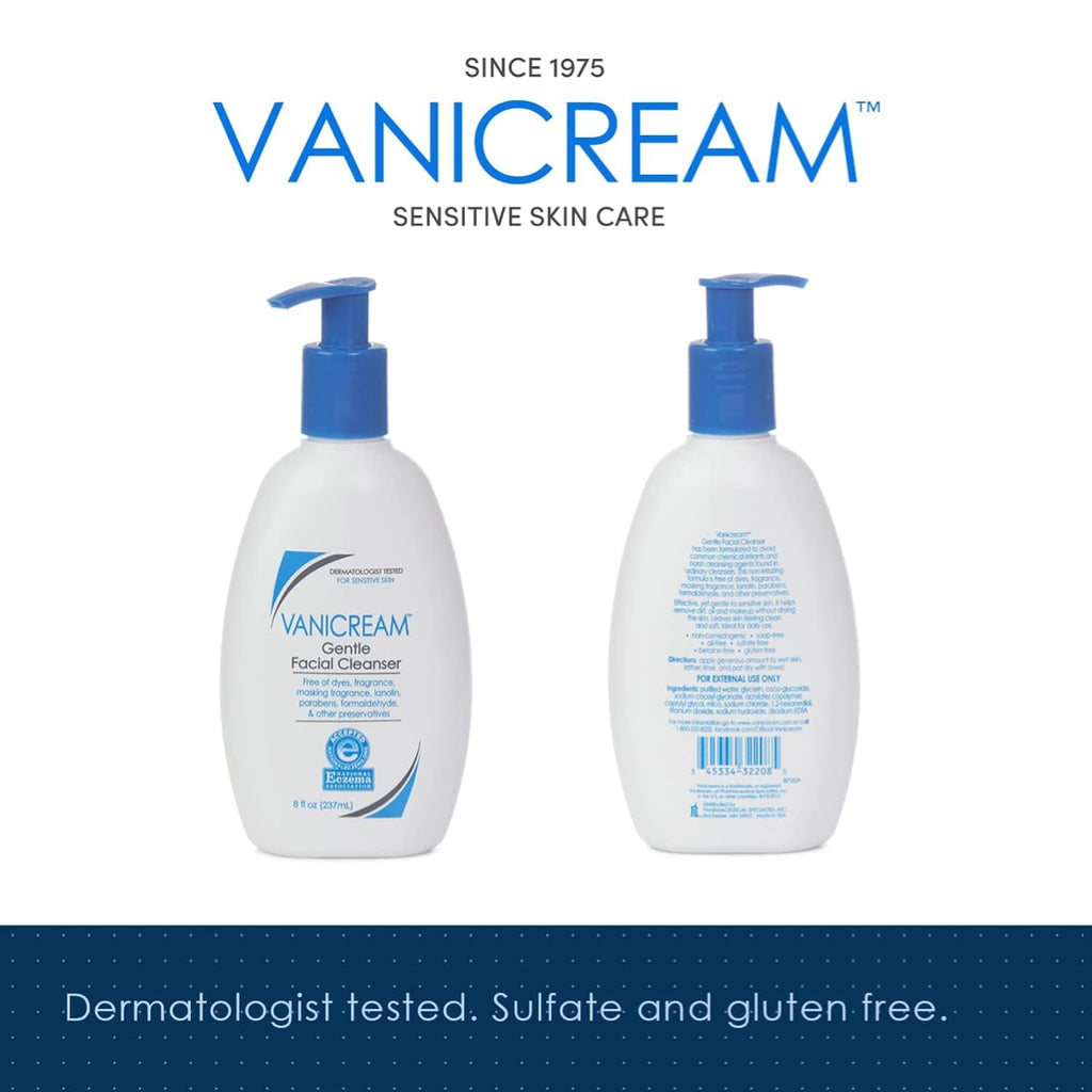 Vanicream Gentle Facial Cleanser 8 Oz - Pack of 2 | Fragrance-Free for Sensitive Skin