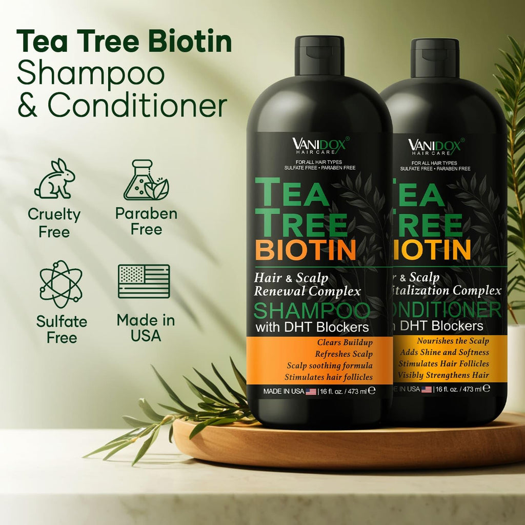 VANIDOX Tea Tree Shampoo & Conditioner Set – Itchy Scalp Relief, Biotin, DHT Blockers, 16 oz