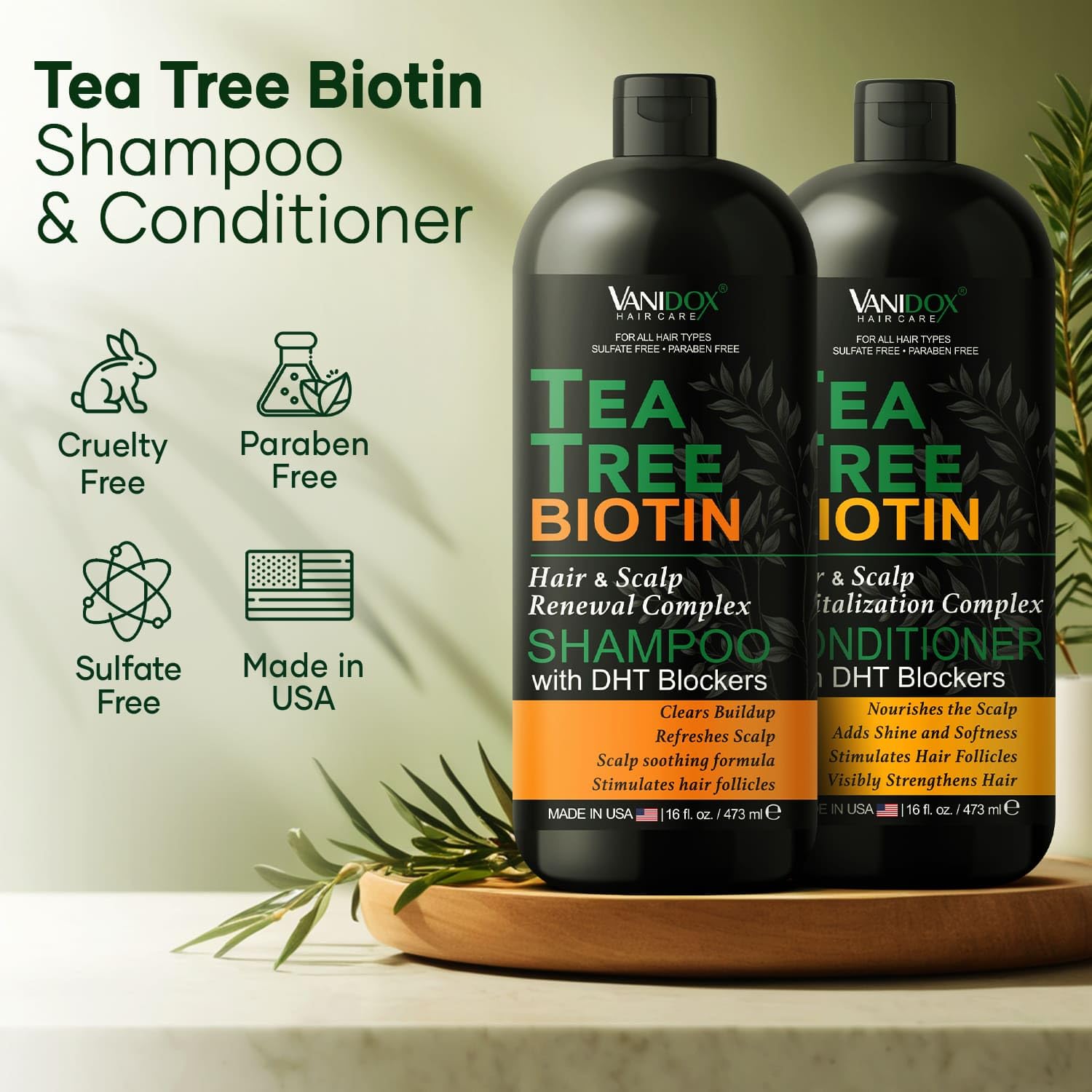 VANIDOX Tea Tree Shampoo & Conditioner Set – Itchy Scalp Relief, Biotin, DHT Blockers, 16 oz
