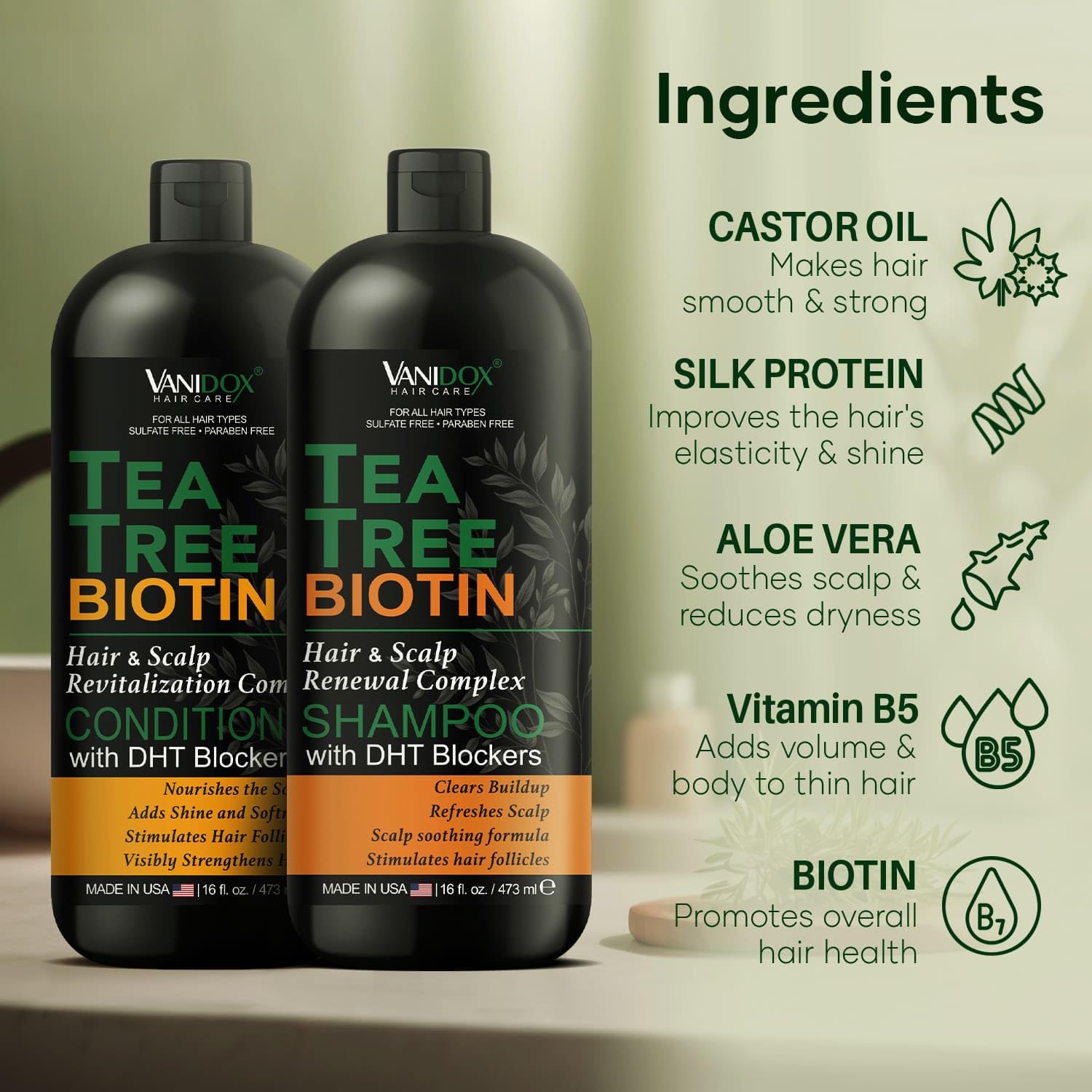 VANIDOX Tea Tree Shampoo & Conditioner Set – Itchy Scalp Relief, Biotin, DHT Blockers, 16 oz