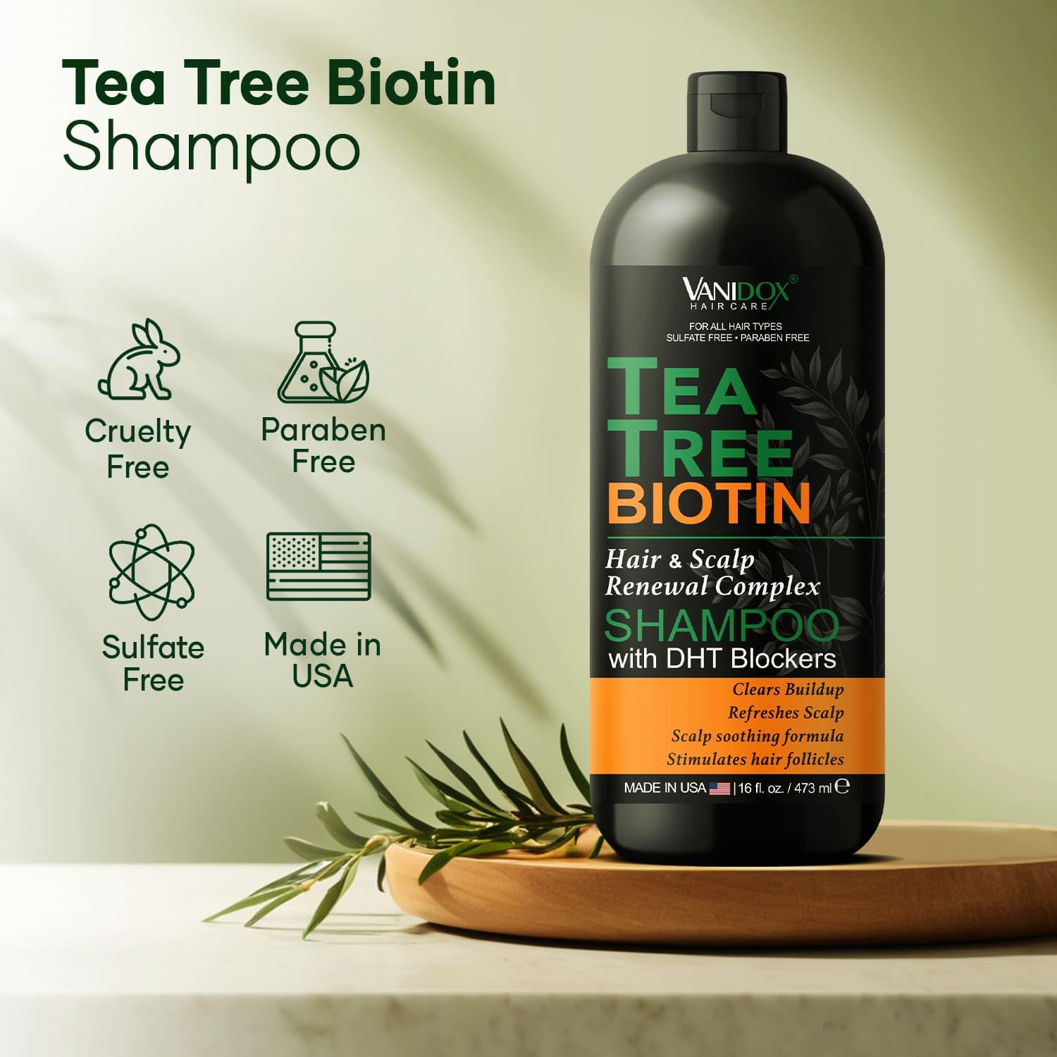 VANIDOX Tea Tree Oil Shampoo with Biotin & DHT Blockers | Itchy Scalp Relief & Thicker-Looking Hair | Made in USA | 16 fl oz