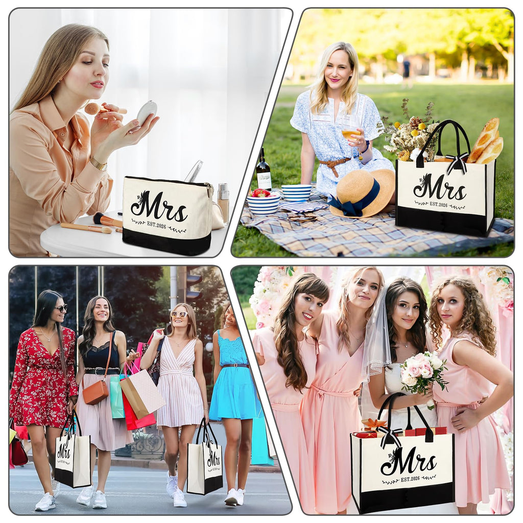 Vanqruo Mrs 2026 Bride Tote Bag with Makeup Bag | Bridal Gift Set