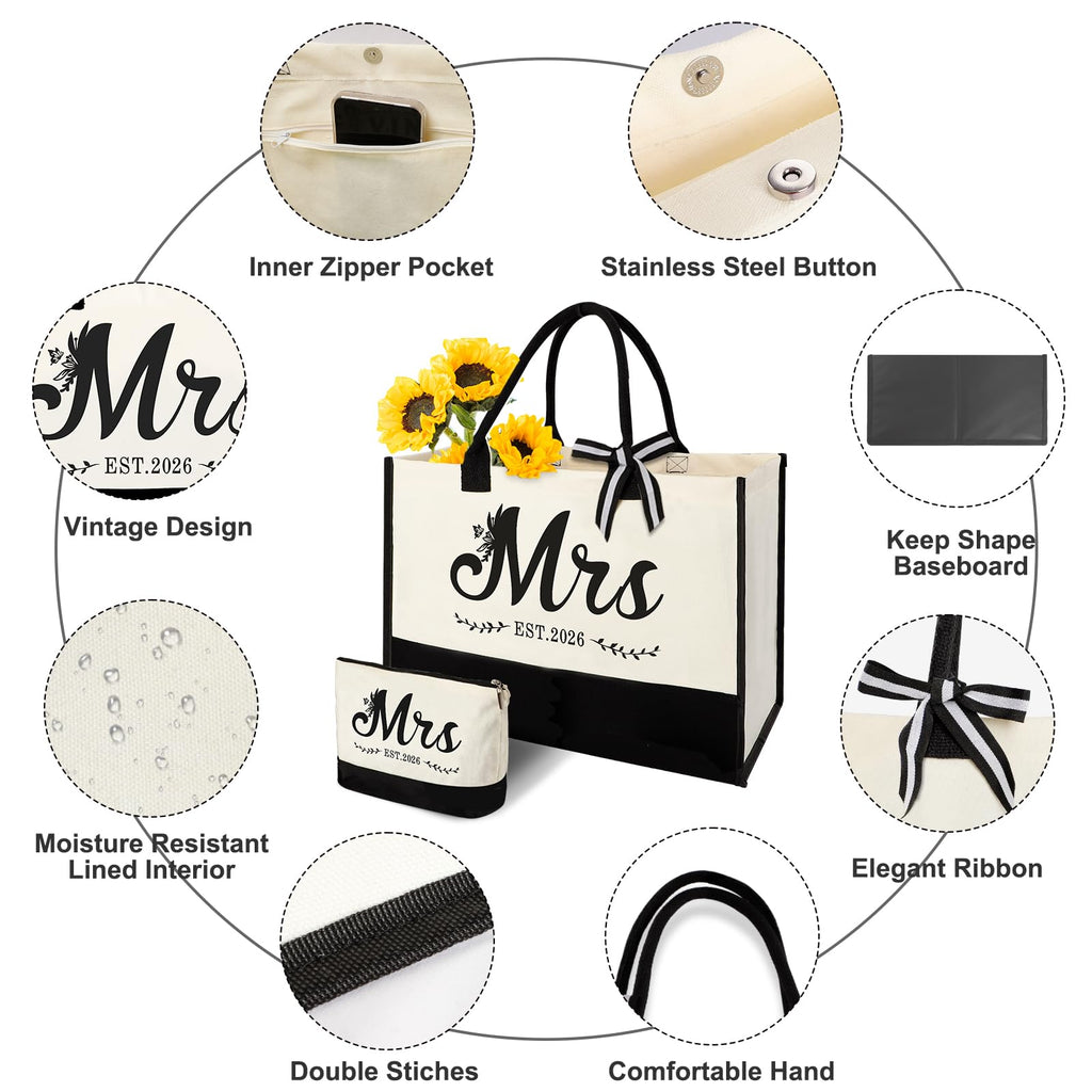 Vanqruo Mrs 2026 Bride Tote Bag with Makeup Bag | Bridal Gift Set