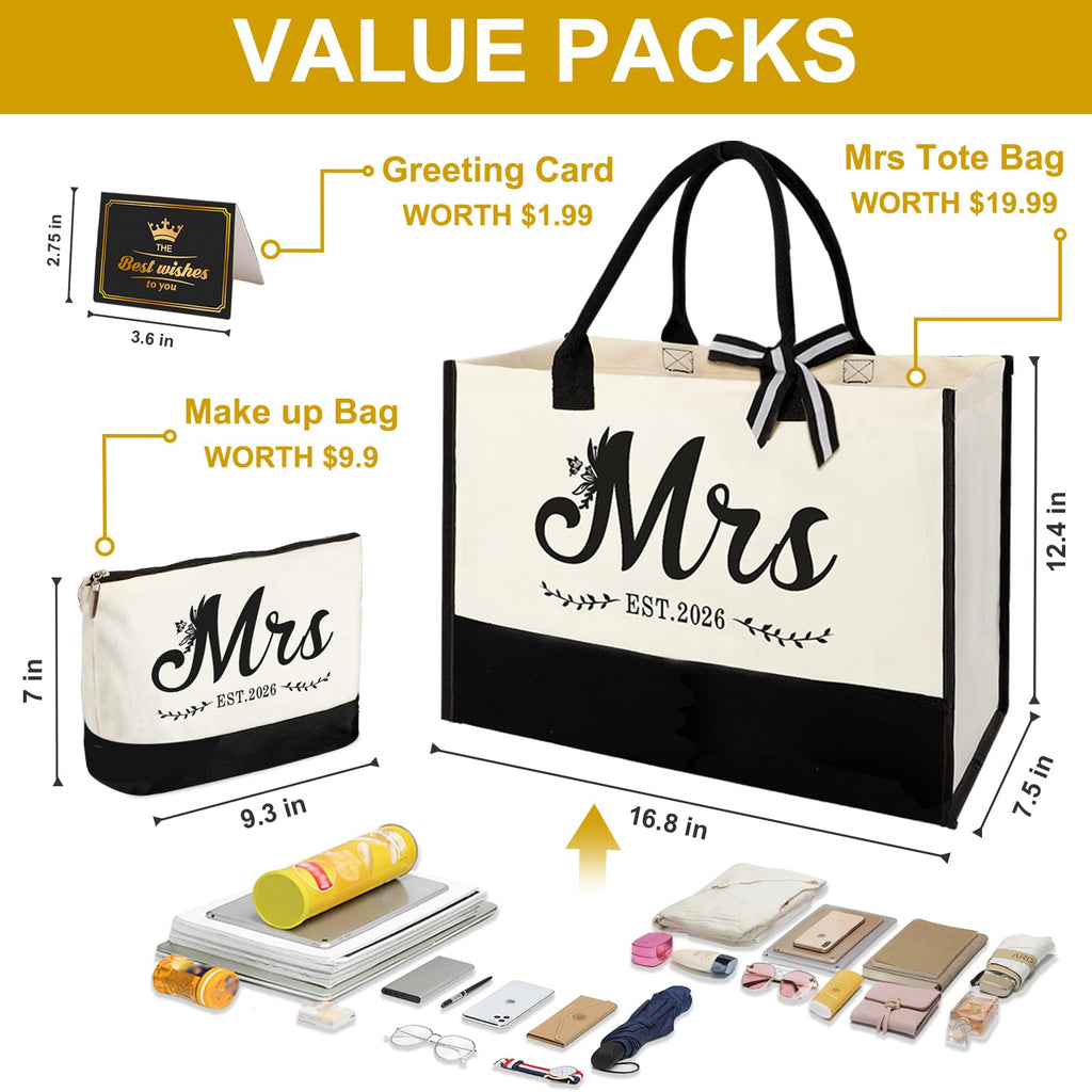 Vanqruo Mrs 2026 Bride Tote Bag with Makeup Bag | Bridal Gift Set