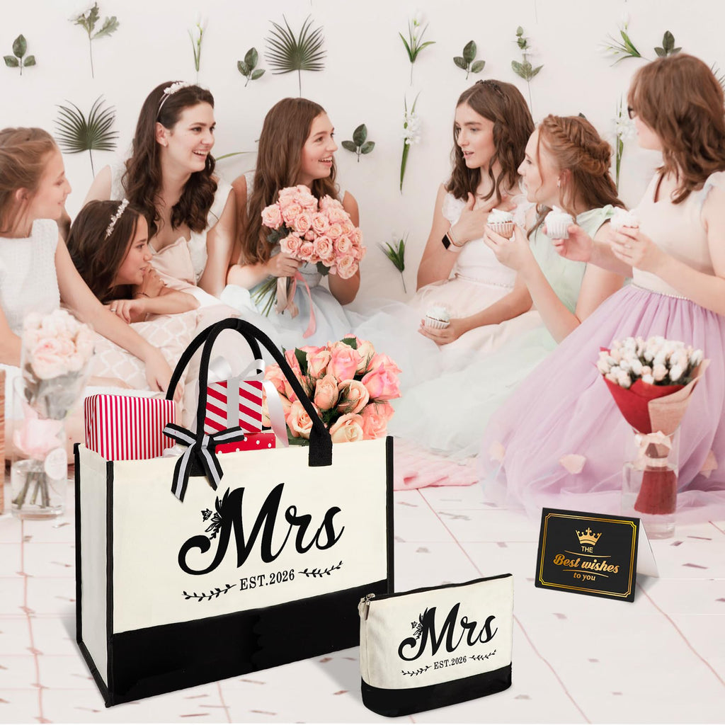 Vanqruo Mrs 2026 Bride Tote Bag with Makeup Bag | Bridal Gift Set