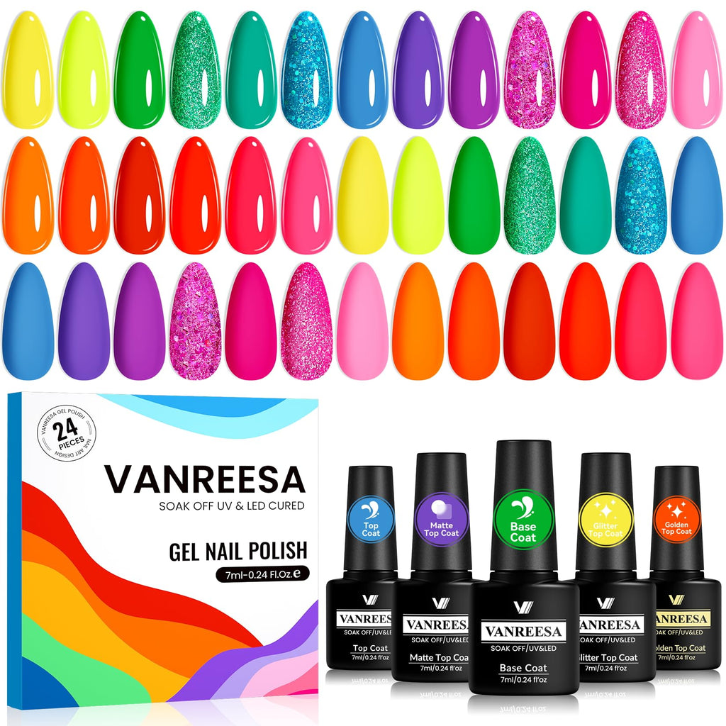 VANREESA Gel Nail Polish Set – 24 Pcs with Base Coat & 4 Top Coats, Bright Colors