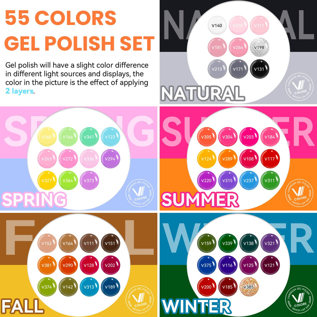 VANREESA 60-Pcs Gel Nail Polish Set: 55 Colors + Base Coat & 4 Top Coats for Home Manicure