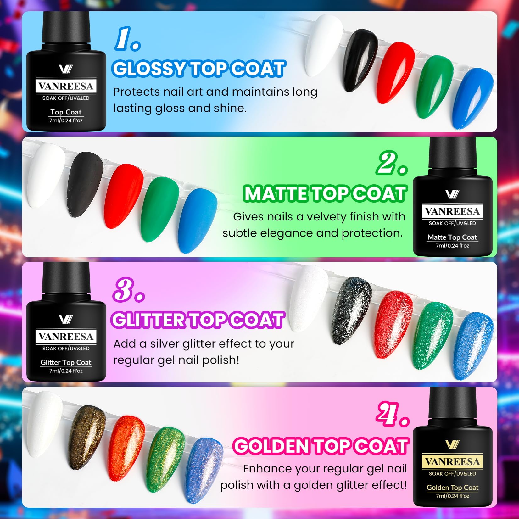 VANREESA Gel Nail Polish Set – 24 Pcs with Base Coat & 4 Top Coats, Bright Colors