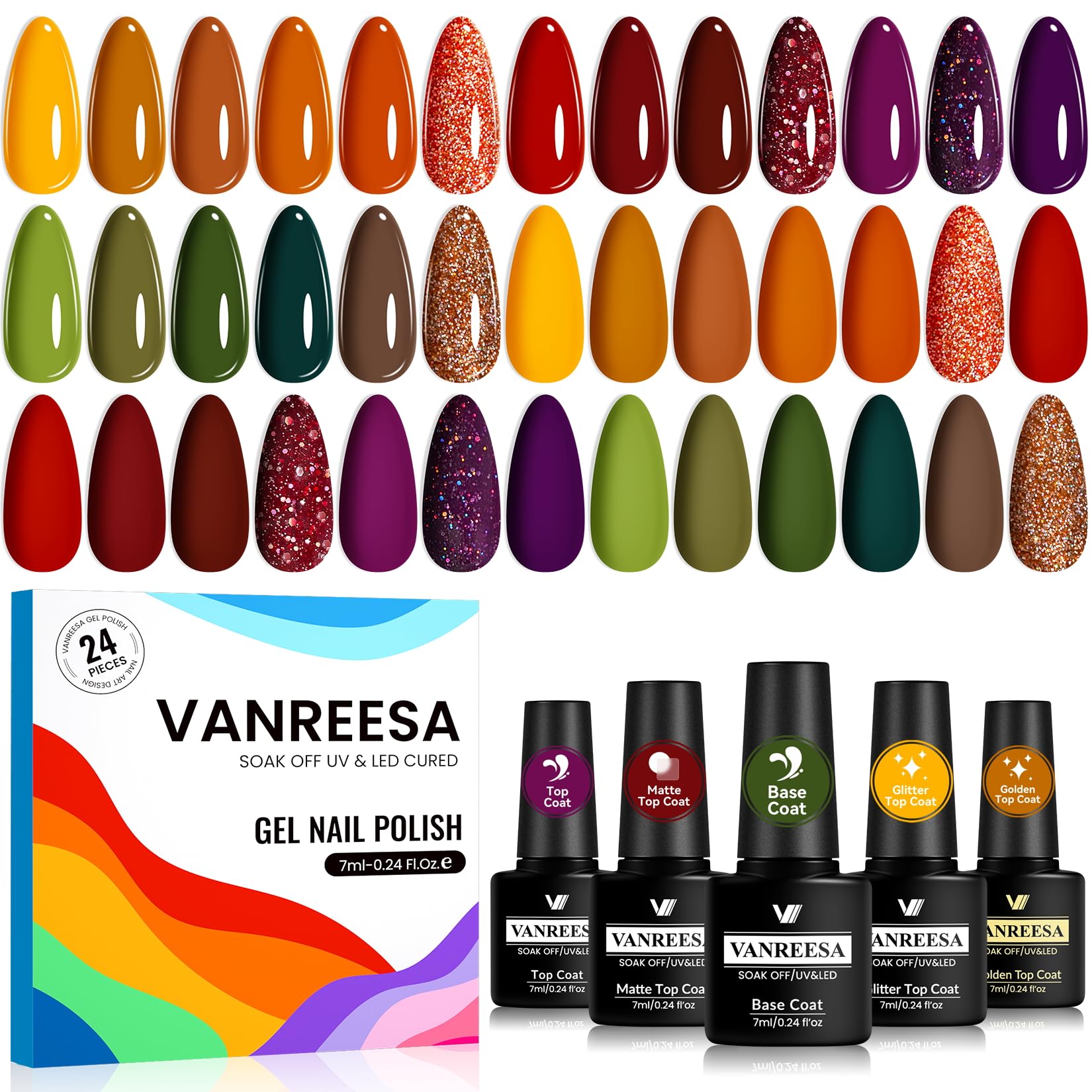 VANREESA 24-Piece Fall Gel Nail Polish Set – 19 Colors + Base Coat & 4 Top Coats