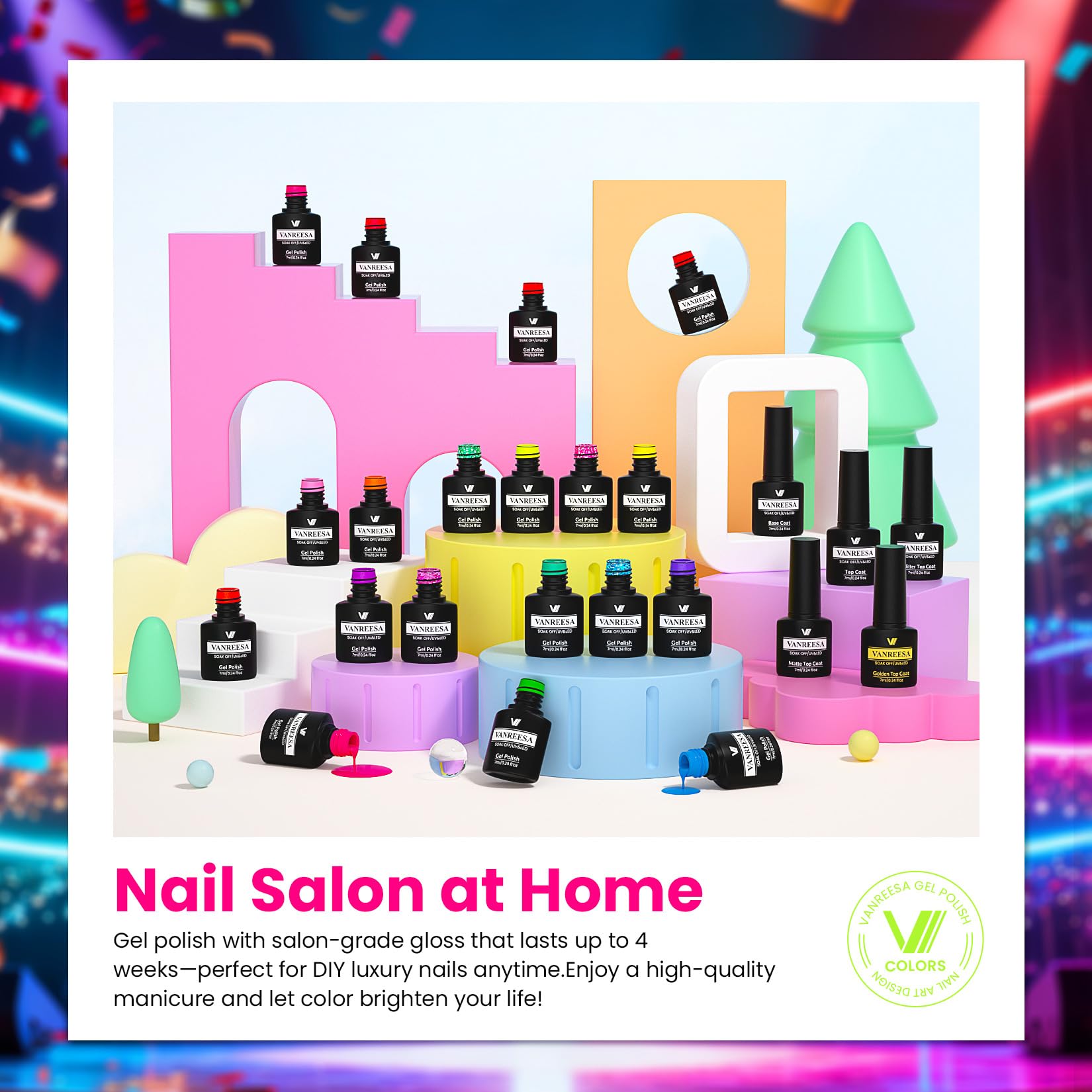 VANREESA Gel Nail Polish Set – 24 Pcs with Base Coat & 4 Top Coats, Bright Colors