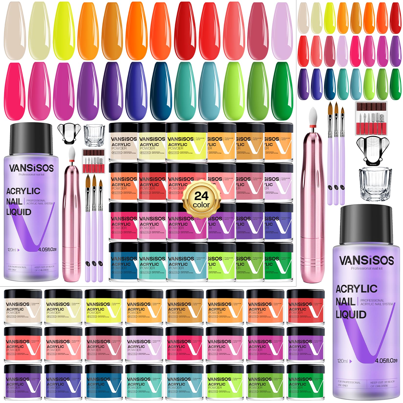 VANSISOS Acrylic Nail Kit for Beginners — 24 Colors, Quick-Dry Liquid, Complete Set