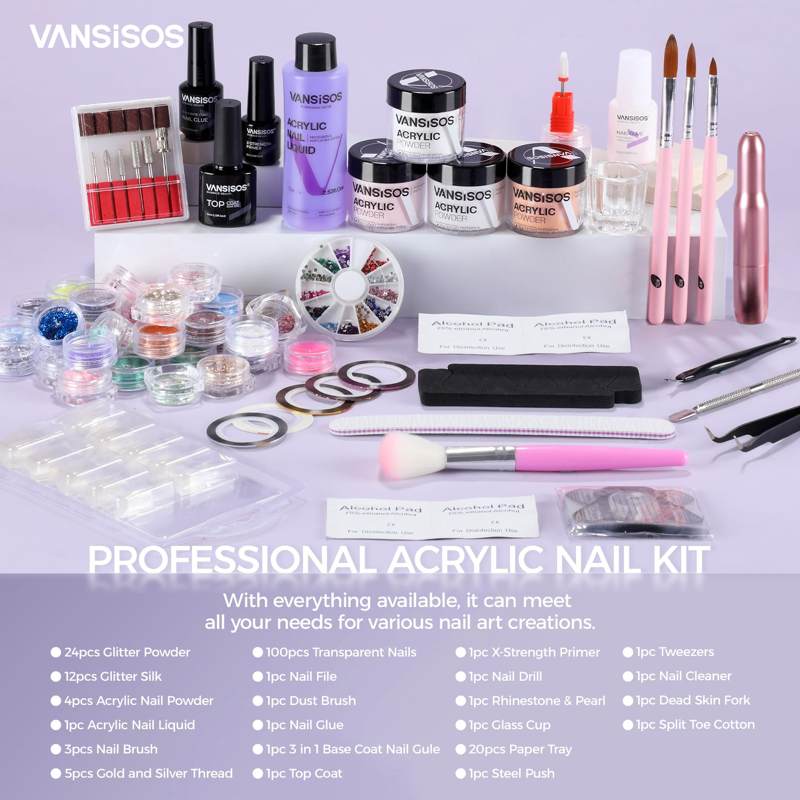 VANSISOS Professional Beginner Nail Kit with Drill – Complete Acrylic Set with Glitter Powder