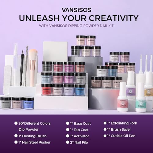 VANSISOS Dip Powder Nail Kit – 30 Colors, Glitter Pink, Base/Top/Activator, At-Home DIY Manicure