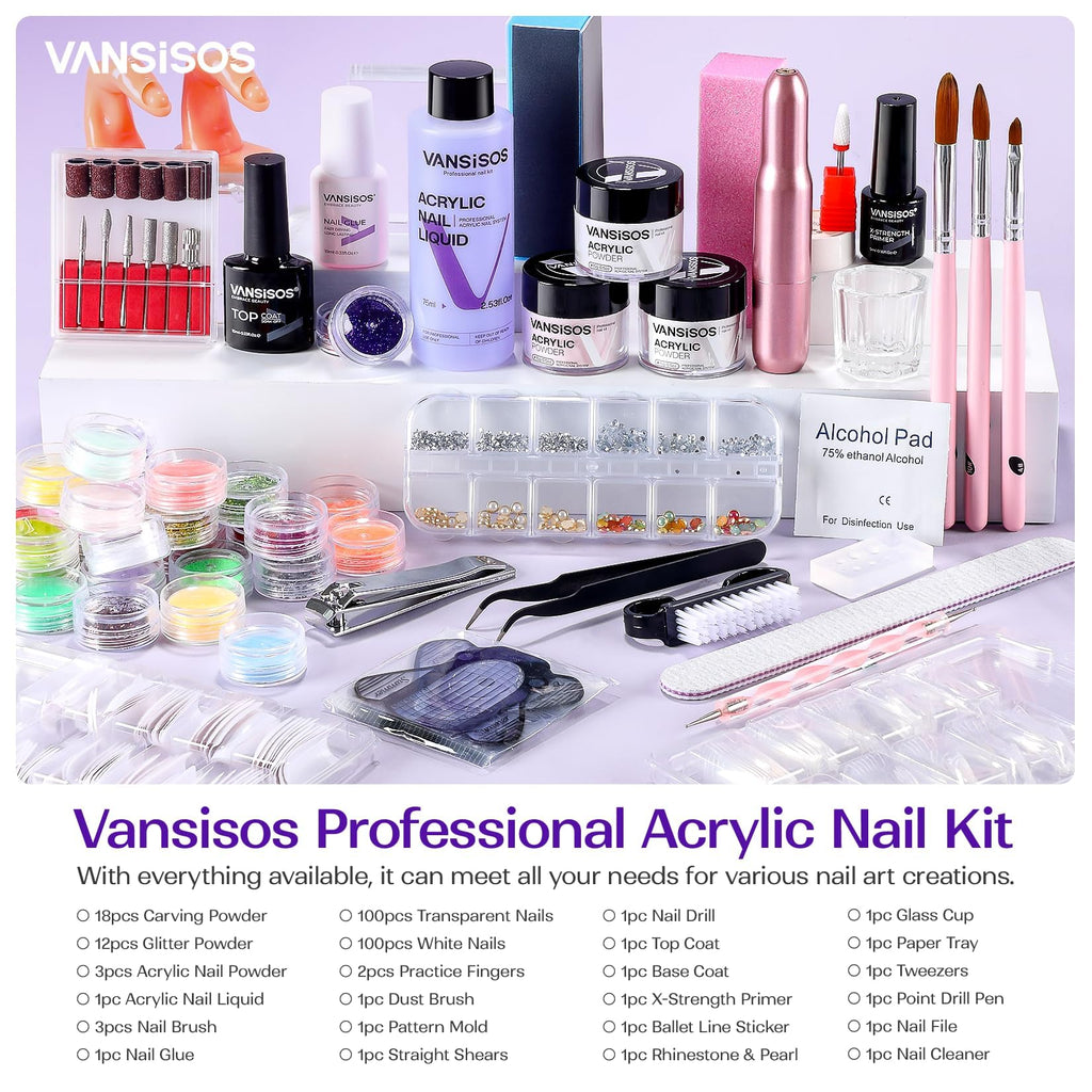 VANSISOS Acrylic Nail Kit for Beginners — Complete DIY Salon Set with Drill & Powder
