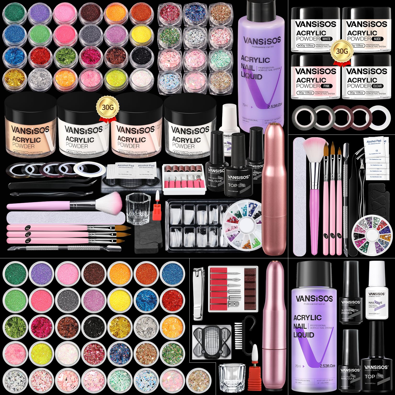 VANSISOS Professional Beginner Nail Kit with Drill – Complete Acrylic Set with Glitter Powder