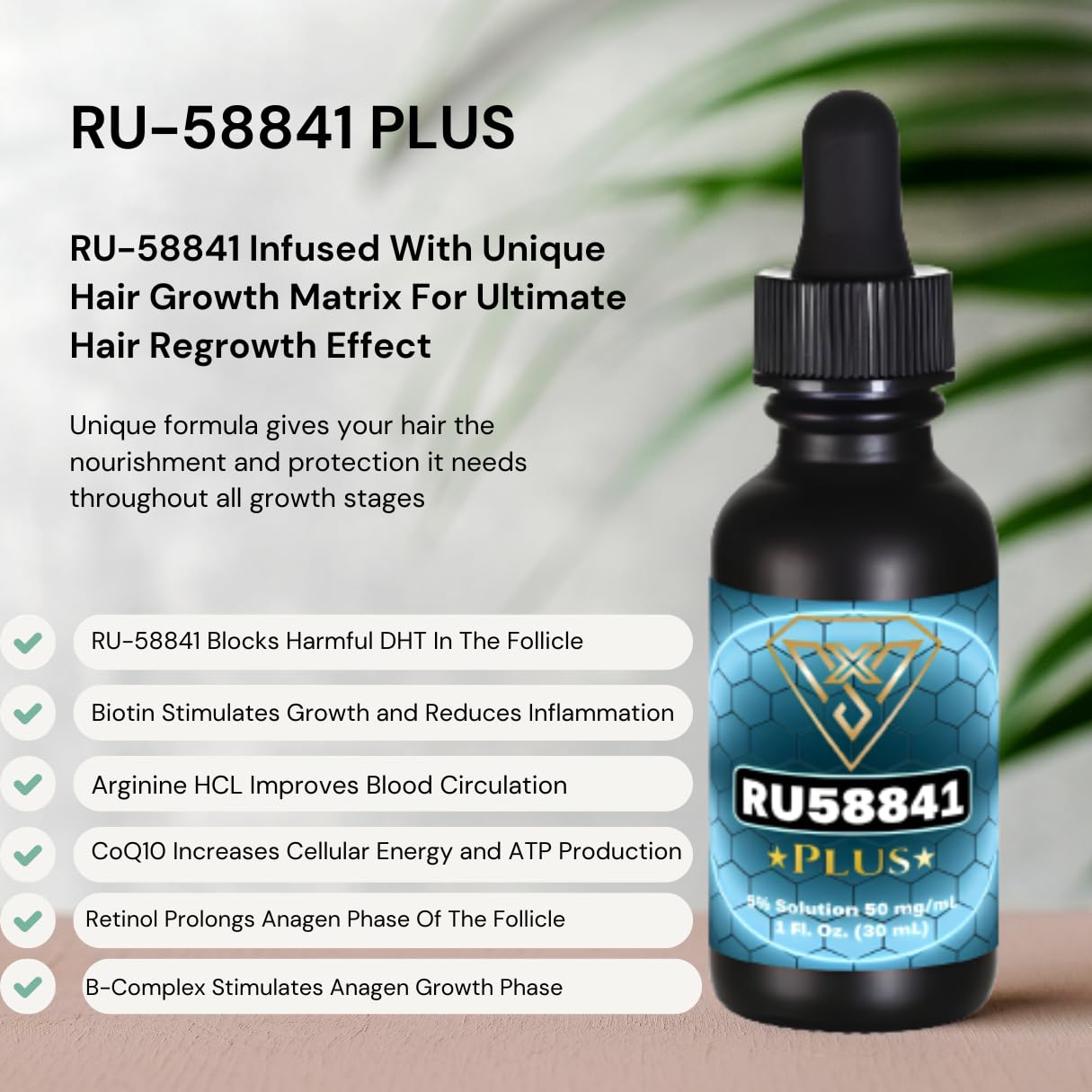 Vantanex RU58841 Plus 5% Hair Serum with Biotin, B-Complex, CoQ10 | 30mL