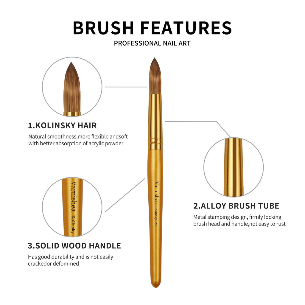 varnishea Kolinsky Acrylic Nail Brush with Golded Solid Wood Handle – Size 16