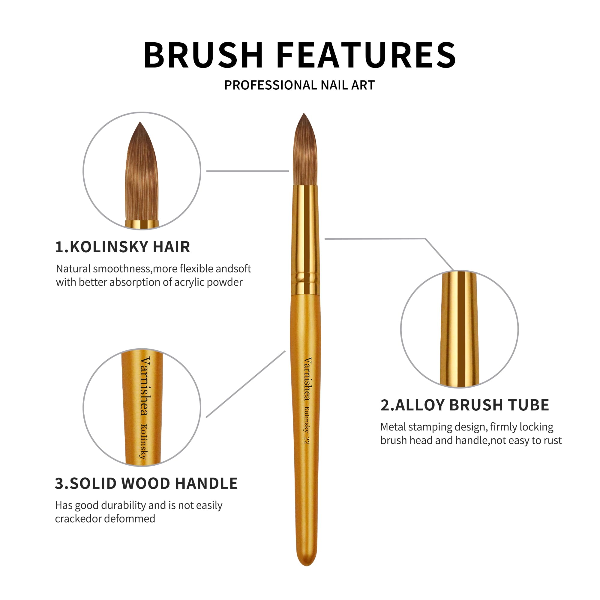 varnishea Kolinsky Acrylic Nail Brush with Golded Solid Wood Handle – Size 16