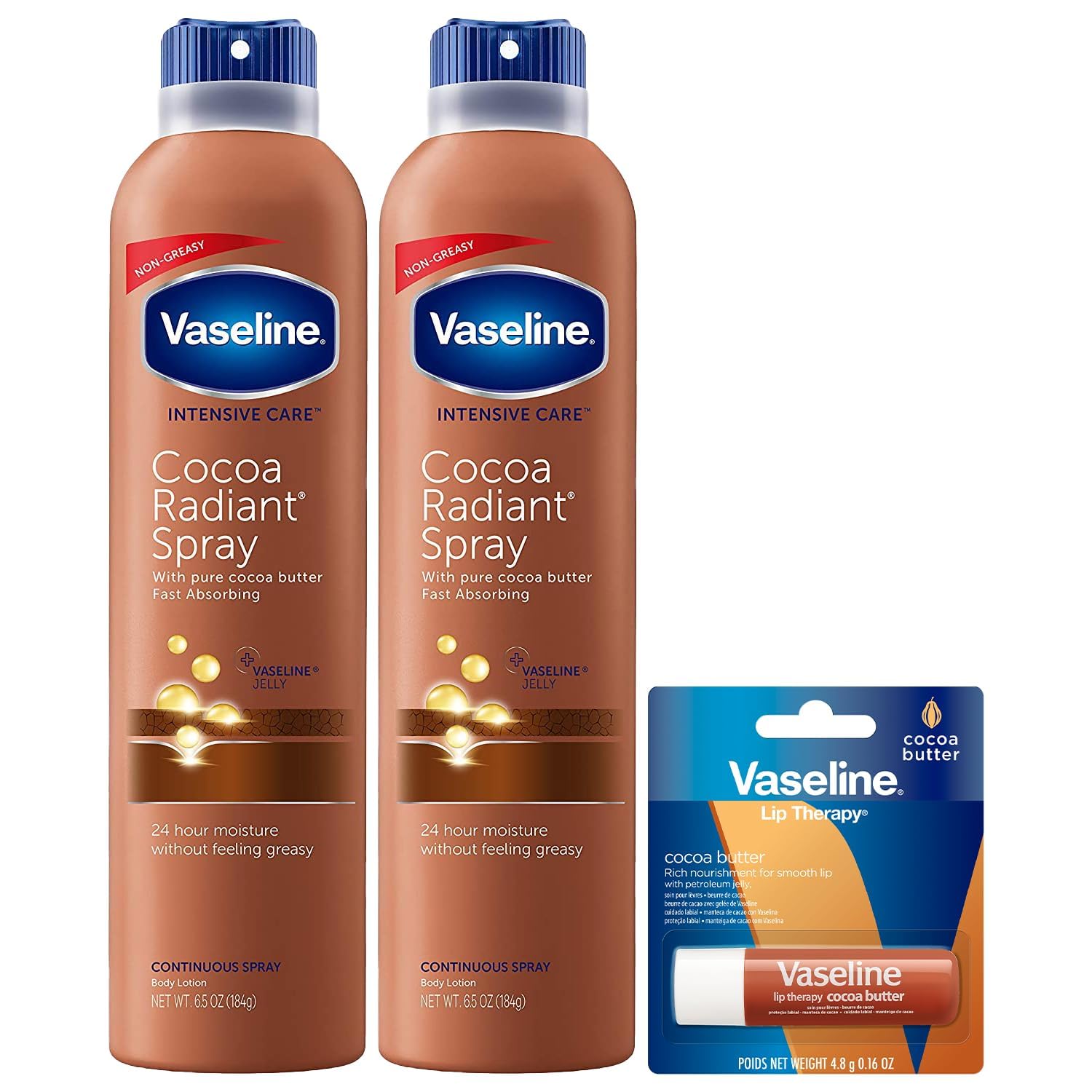 Vaseline Cocoa Radiant Spray 2-Pack + Lip Therapy Cocoa Butter Lip Balm