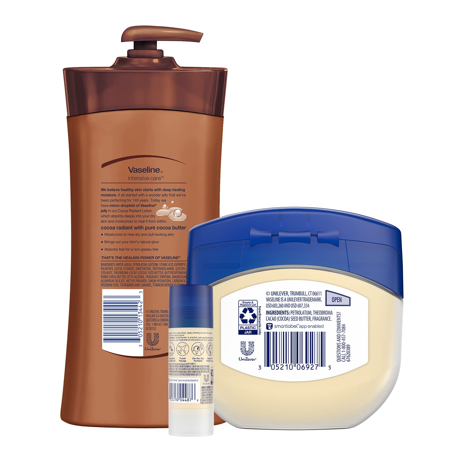 Vaseline Cocoa Radiant Lotion Bundle – 20.3 oz Lotion, Healing Jelly Cocoa Butter, and Cocoa Shimmer Jelly Stick