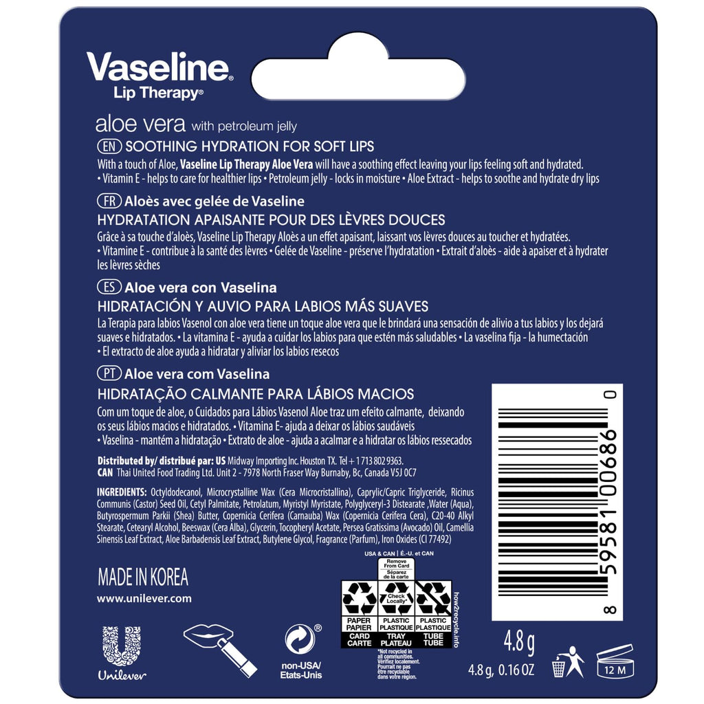 Vaseline Lip Therapy Aloe Fresh 12-Pack – Moisturizing Lip Balm for Very Dry Lips, 0.16 oz Each